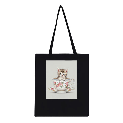 Cat And Teacup Tote Bag Cotton Shopper UK Tote Bag — detail view | Wild Thread Co