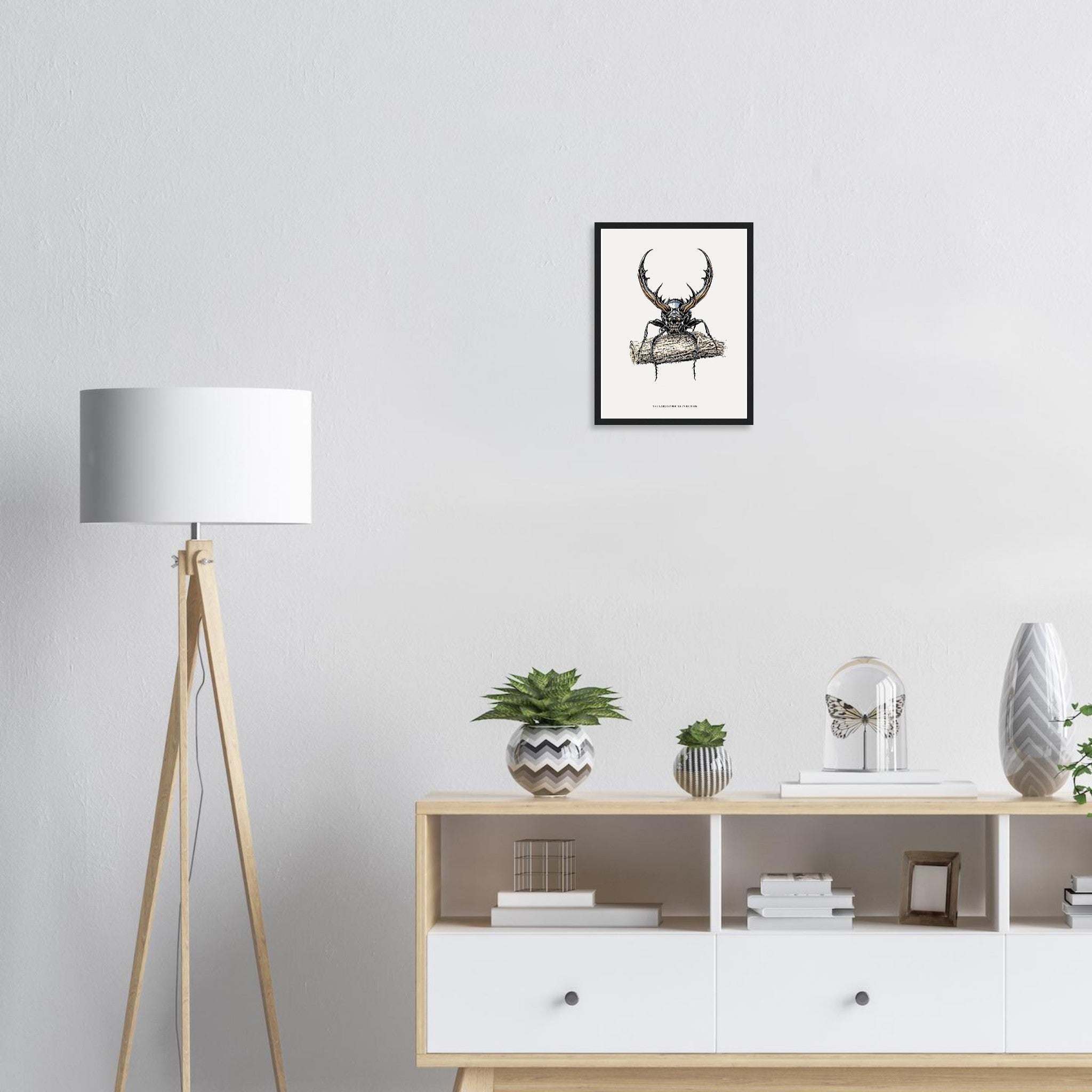 Stag Beetle Oak Log Framed Art Print — detail view | Wild Thread Co