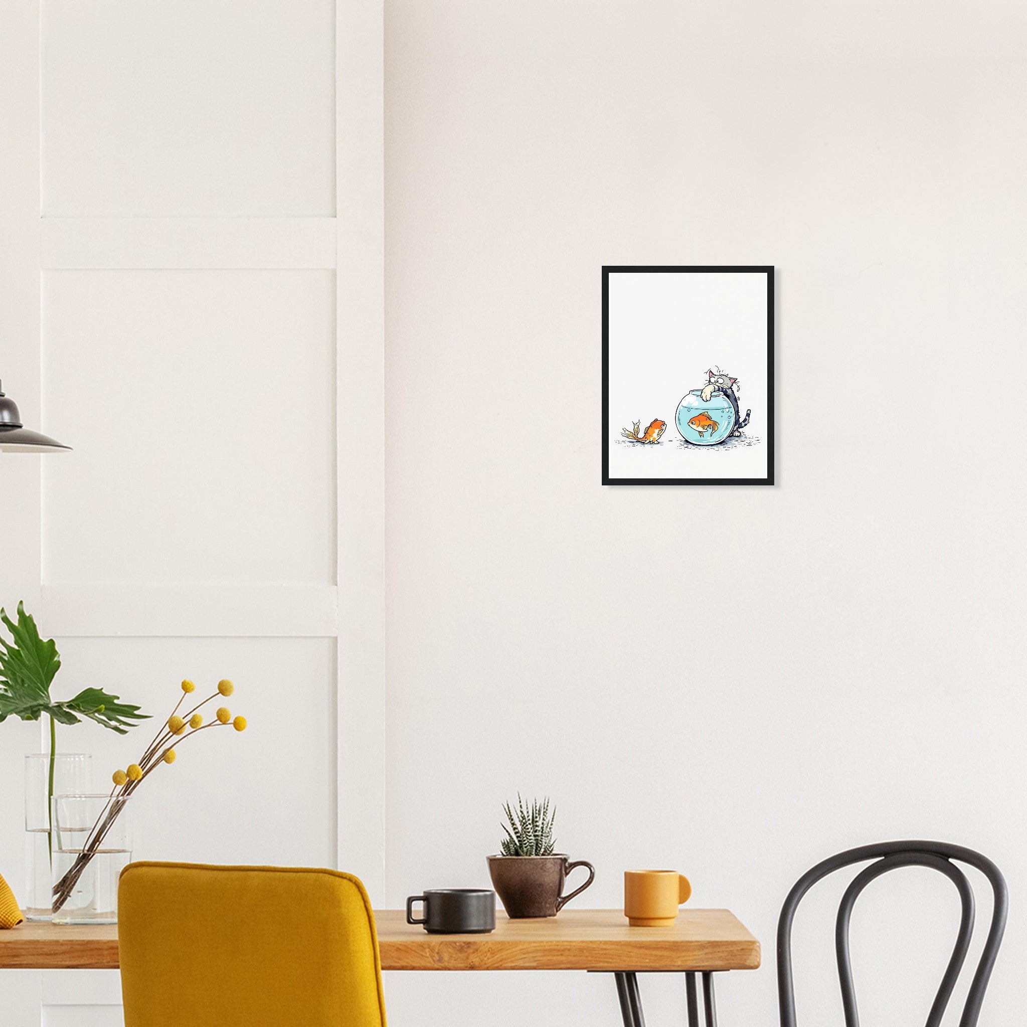 Cat And Fish Bowl Art Framed Print Wall Art Ready to Hang UK Framed Art Print — detail view | Wild Thread Co