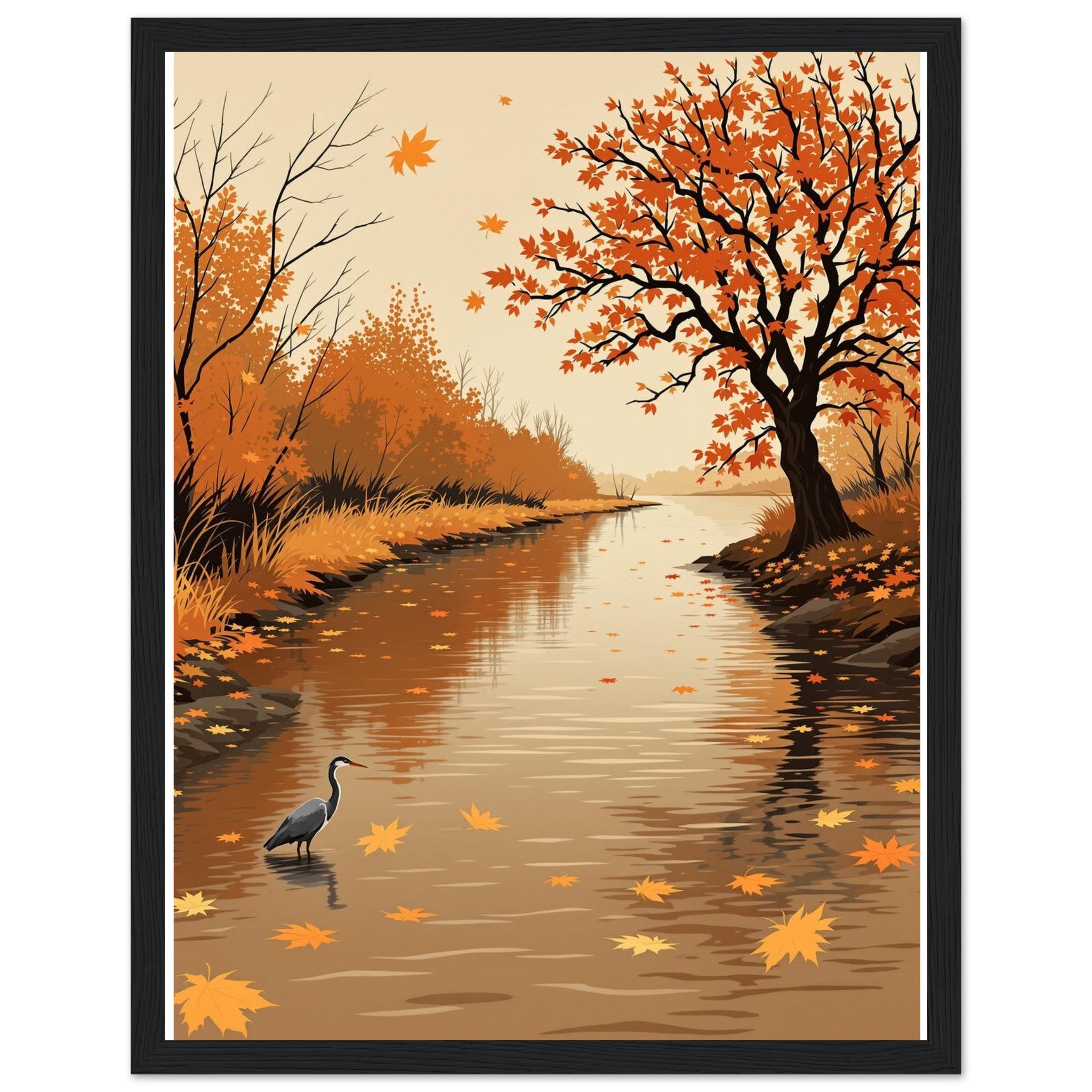 Autumn River Leaves Heron Bronze Framed Print — Framed Art Print | Wild Thread Co