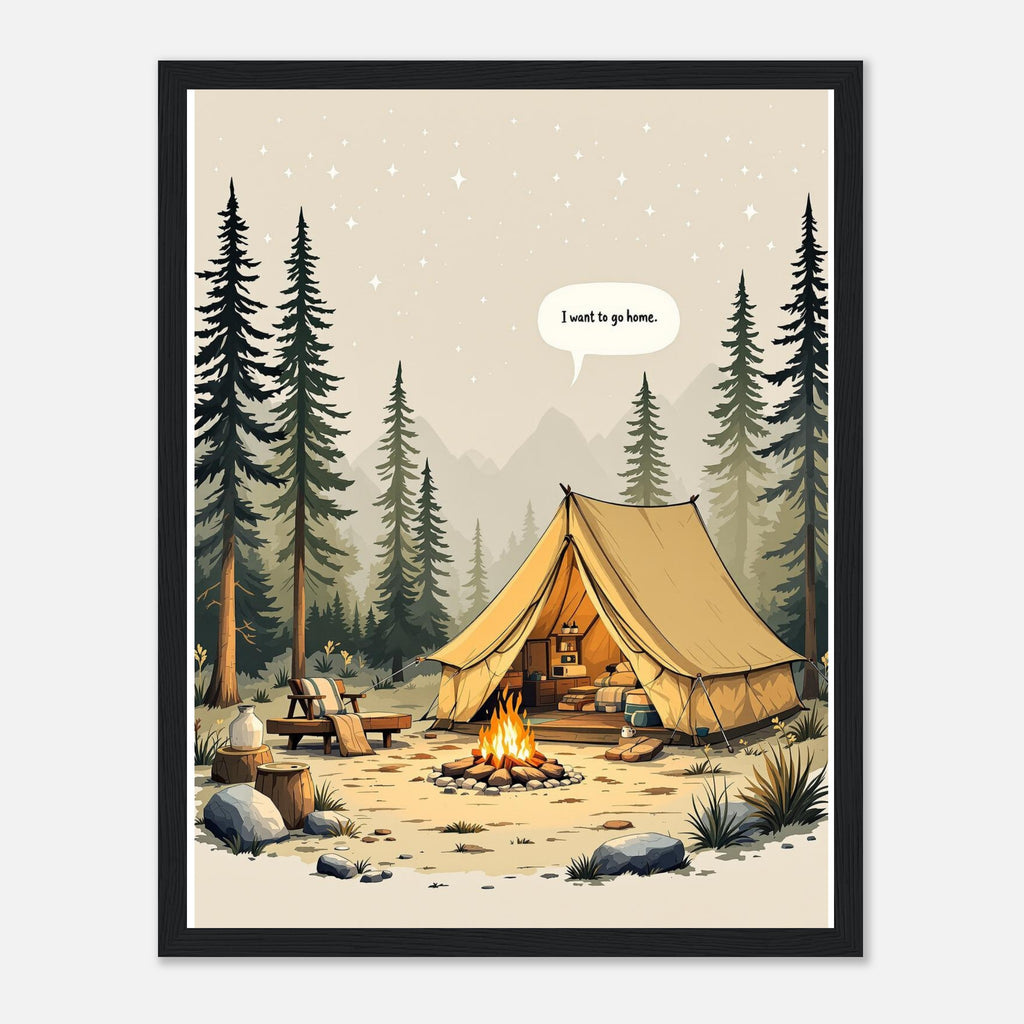 Camping Gone Wrong Humour Framed Print Wall Art Ready to Hang UK Framed Art Print — detail view | Wild Thread Co