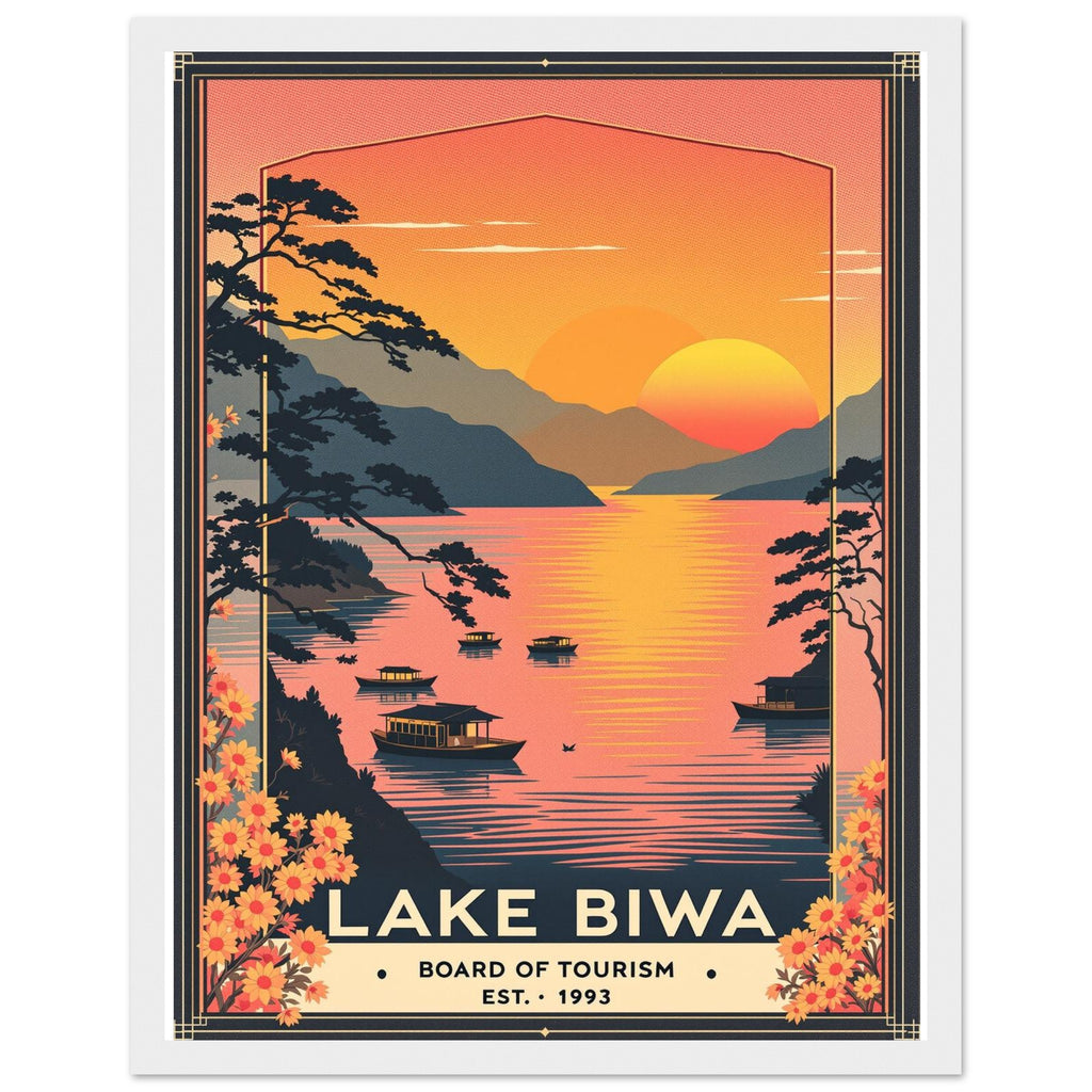 Lake Biwa Vintage Travel Poster Framed Art Print — detail view | Wild Thread Co
