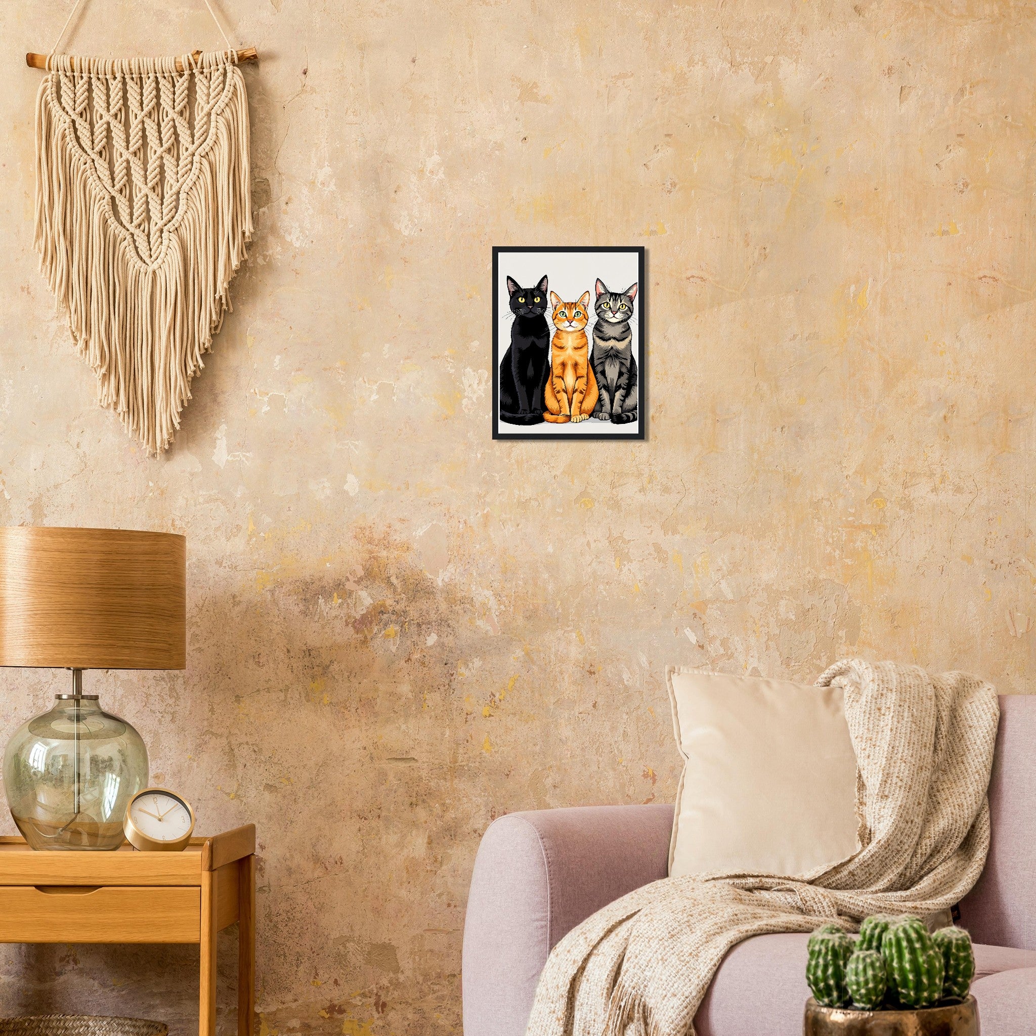 Three Cats In A Row Art Framed Print Wall Art Ready to Hang UK Framed Art Print — detail view | Wild Thread Co