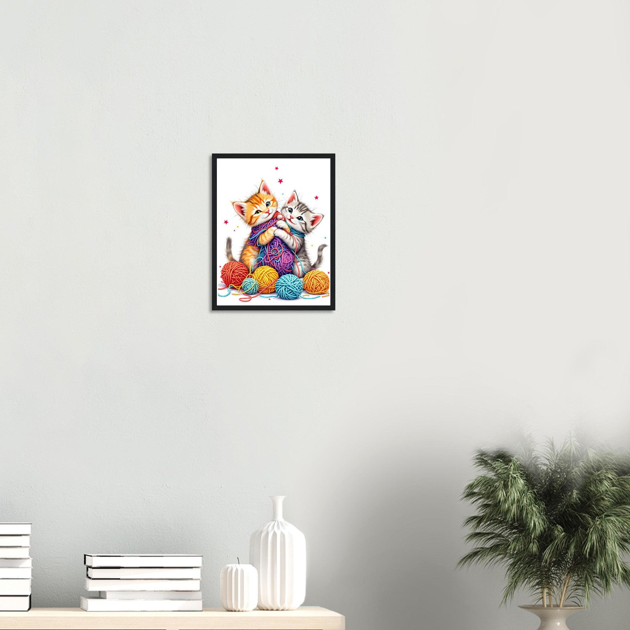 Cats Playing Yarn Art Framed Print Wall Art Ready to Hang UK Framed Art Print — detail view | Wild Thread Co