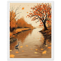 Autumn River Leaves Heron Bronze Framed Art Print — detail view | Wild Thread Co