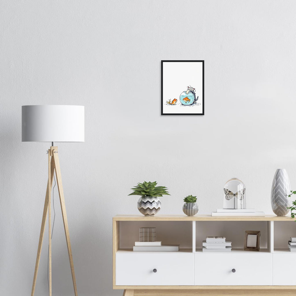 Cat And Fish Bowl Art Framed Print Wall Art Ready to Hang UK Framed Art Print — detail view | Wild Thread Co