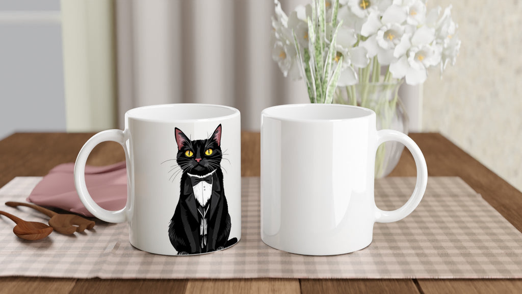 tuxedo cat gentleman Mug — detail view | Wild Thread Co