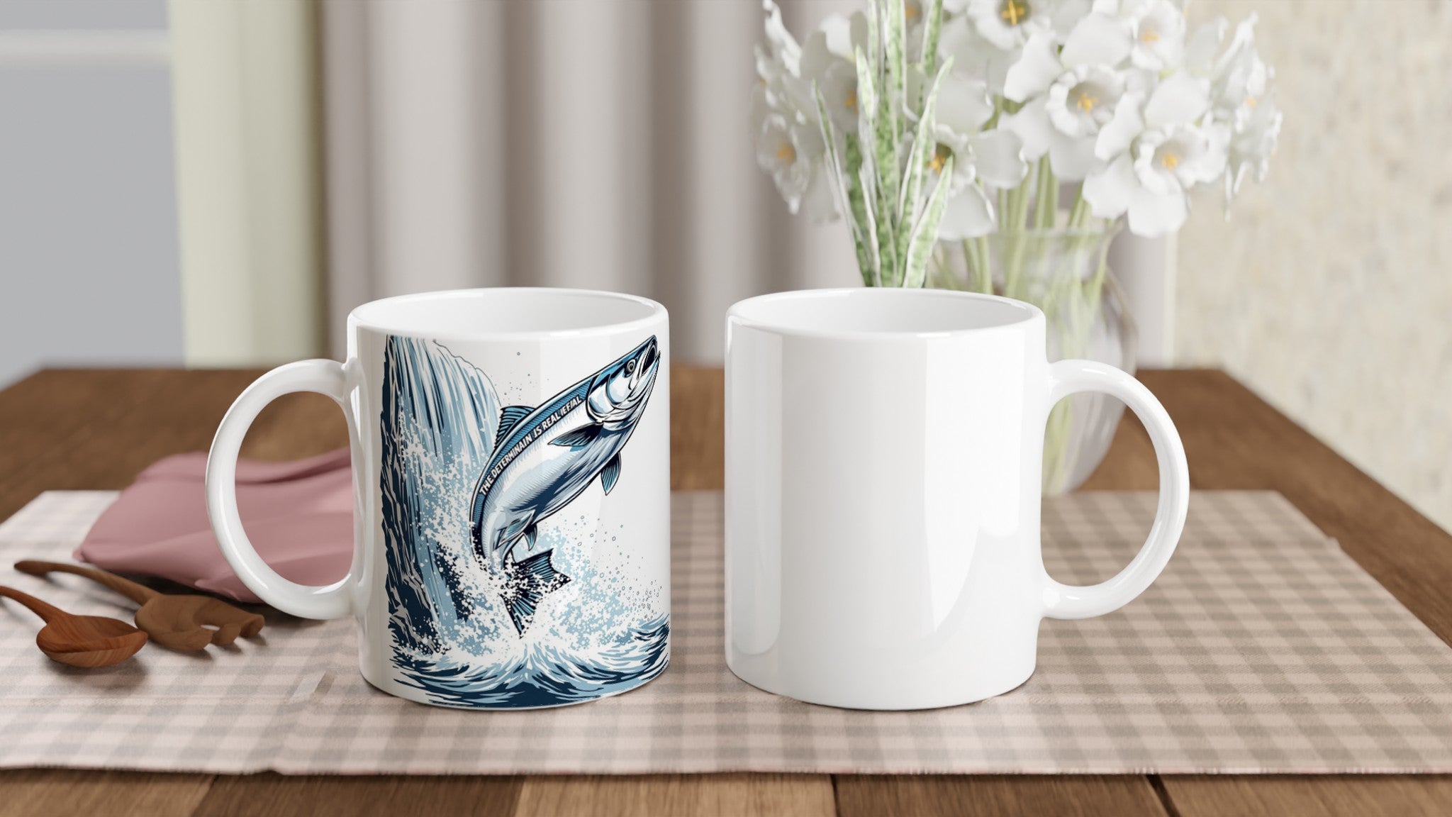Salmon Leaping Waterfall Determination Mug — detail view | Wild Thread Co