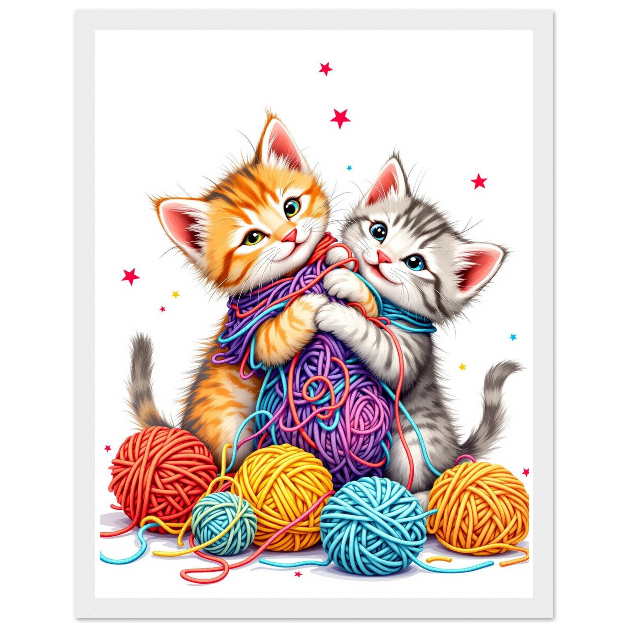 Cats Playing Yarn Framed Print Wall Art Ready to Hang UK Framed Art Print — detail view | Wild Thread Co