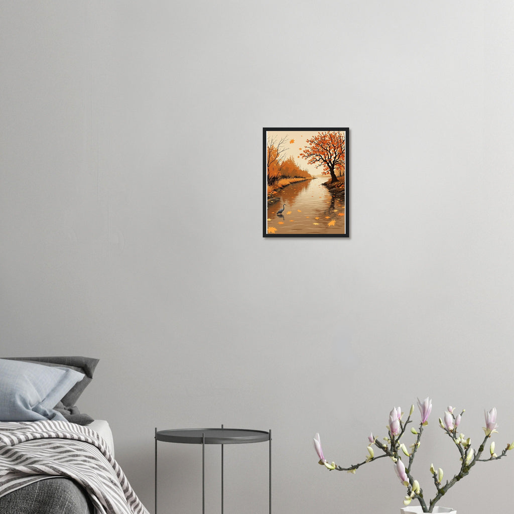 Autumn River Leaves Heron Bronze Framed Art Print — detail view | Wild Thread Co