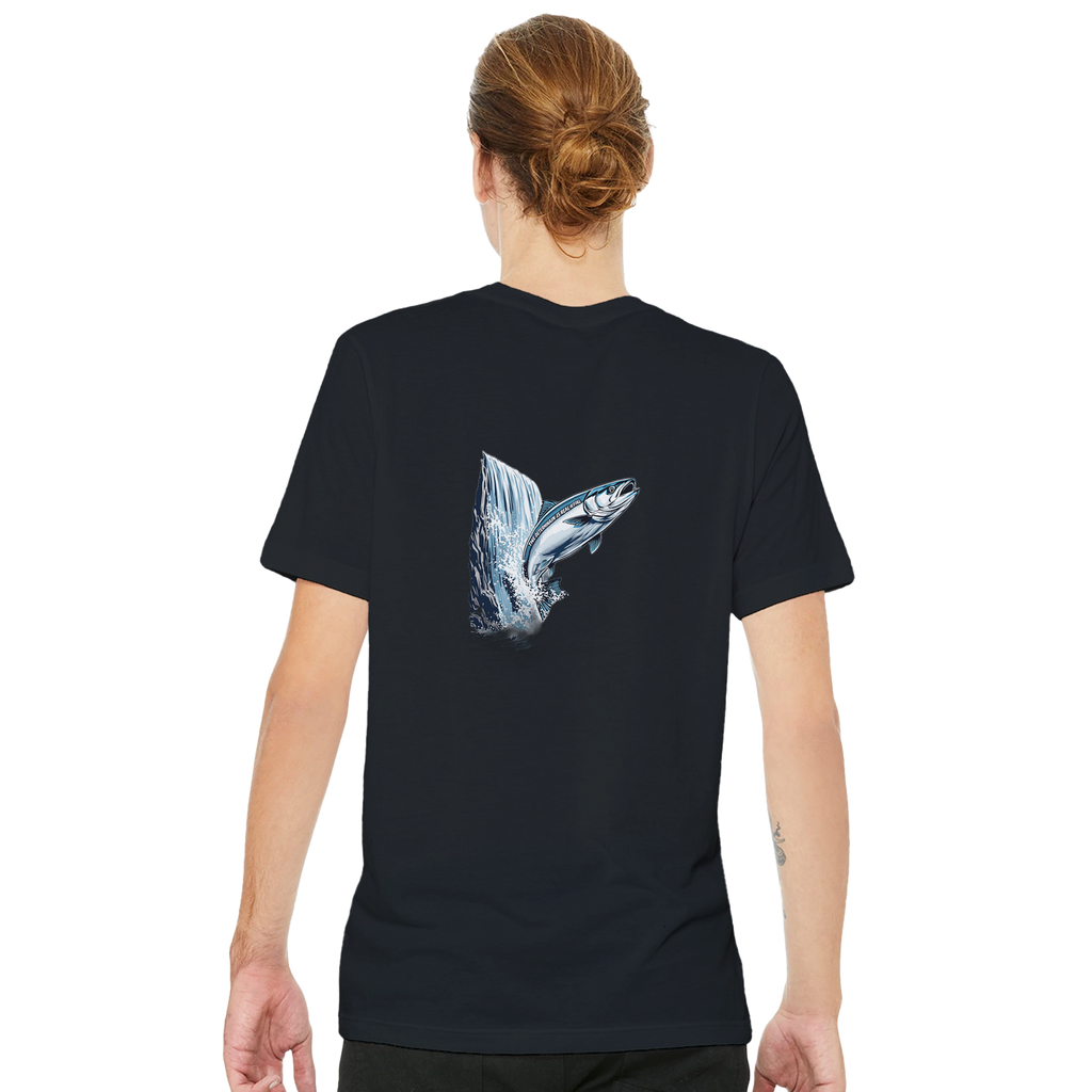 Salmon Leaping Waterfall Determination T-Shirt — detail view | Wild Thread Co