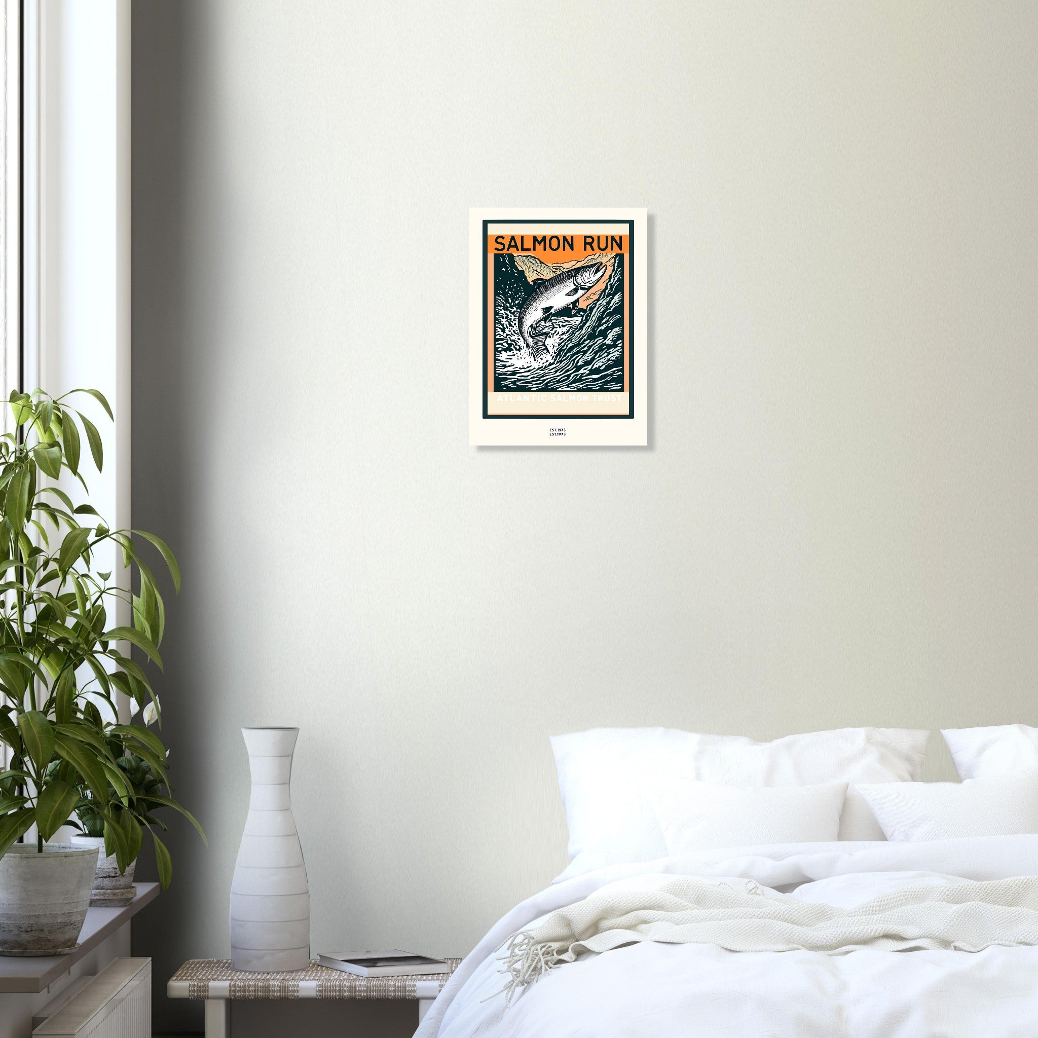 Salmon Run Vintage Travel Poster Art Print — detail view | Wild Thread Co