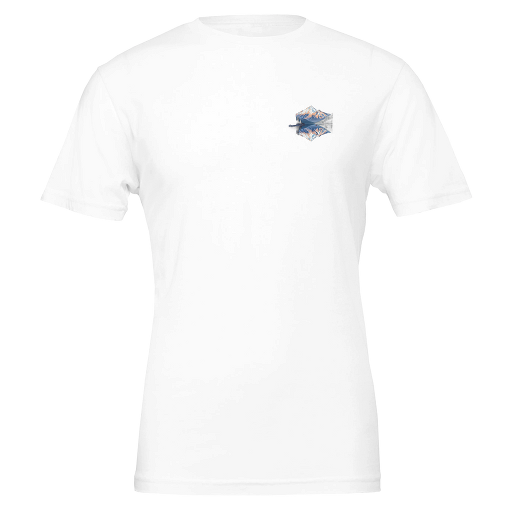 Lake Reflection Still Morning Canoe T-Shirt — detail view | Wild Thread Co