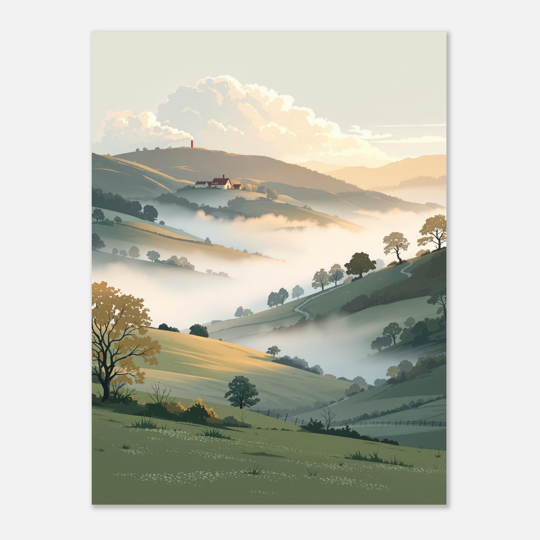 Morning Mist Valley Farm Art Wall Art UK Art Print Poster Wall Art UK UK Gift Art Print — detail view | Wild Thread Co