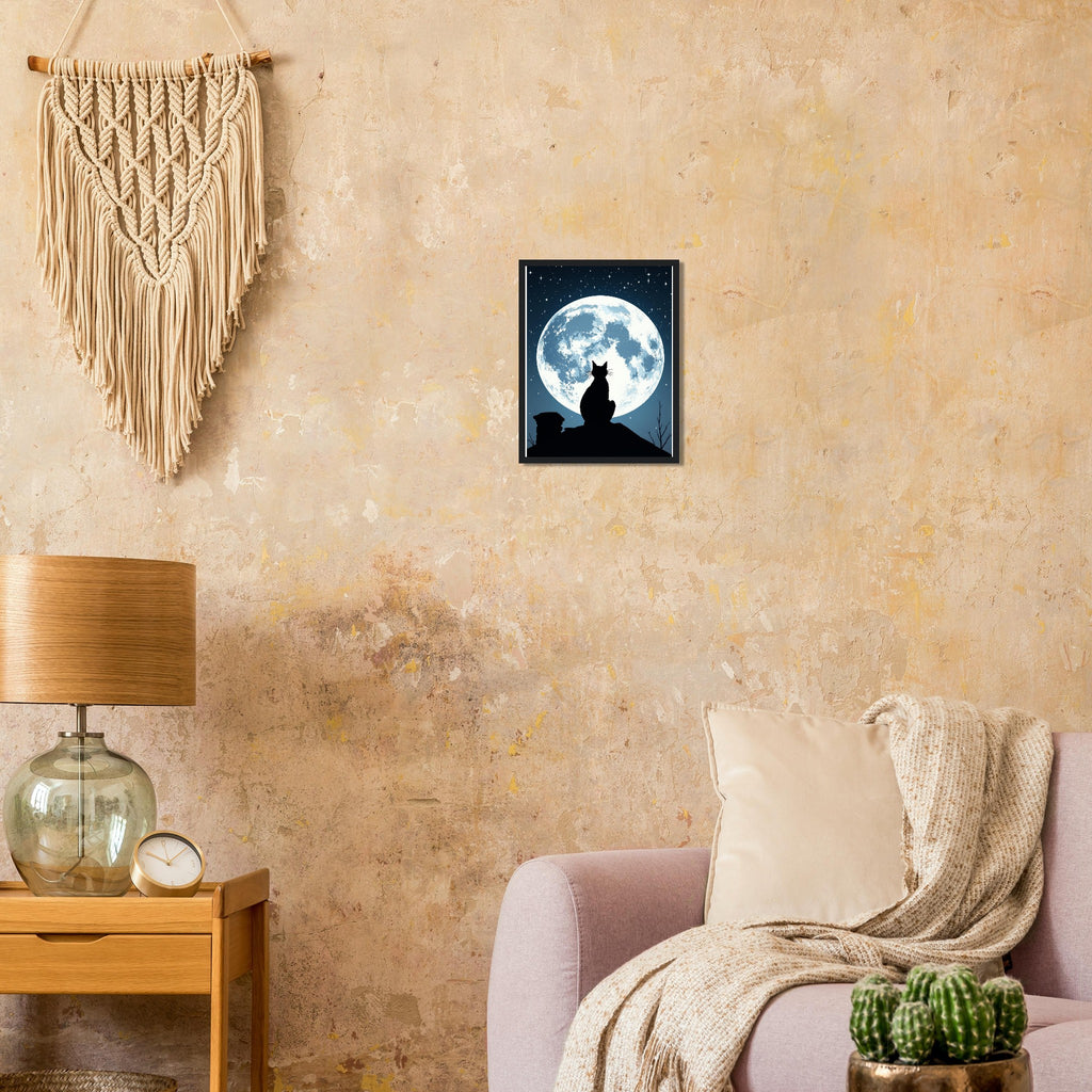 Black Cat Moonlight Framed Print Wall Art Ready to Hang UK — Framed Art Print | Wild Thread Co