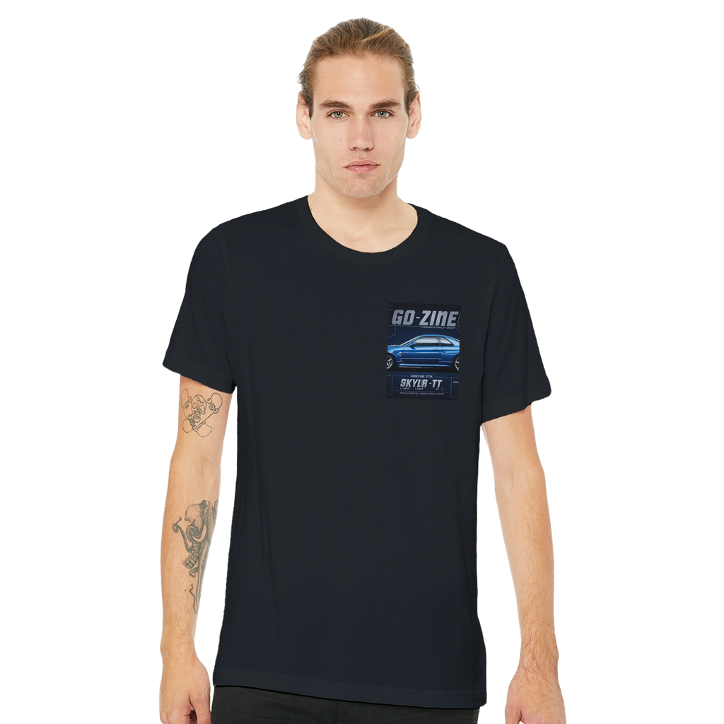 Nissan Skyline R34 Gtr Blueprint Blue T-Shirt — detail view | Wild Thread Co