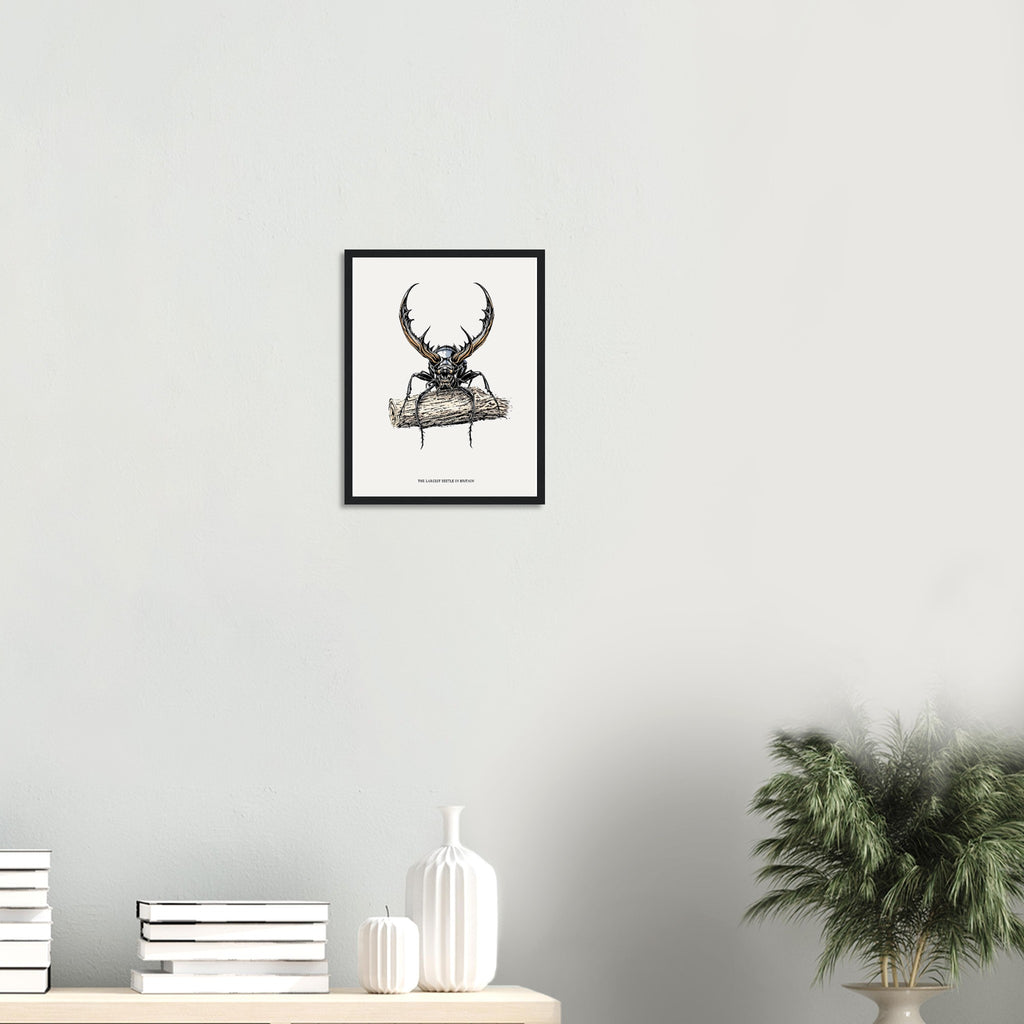 Stag Beetle Oak Log Framed Art Print — detail view | Wild Thread Co