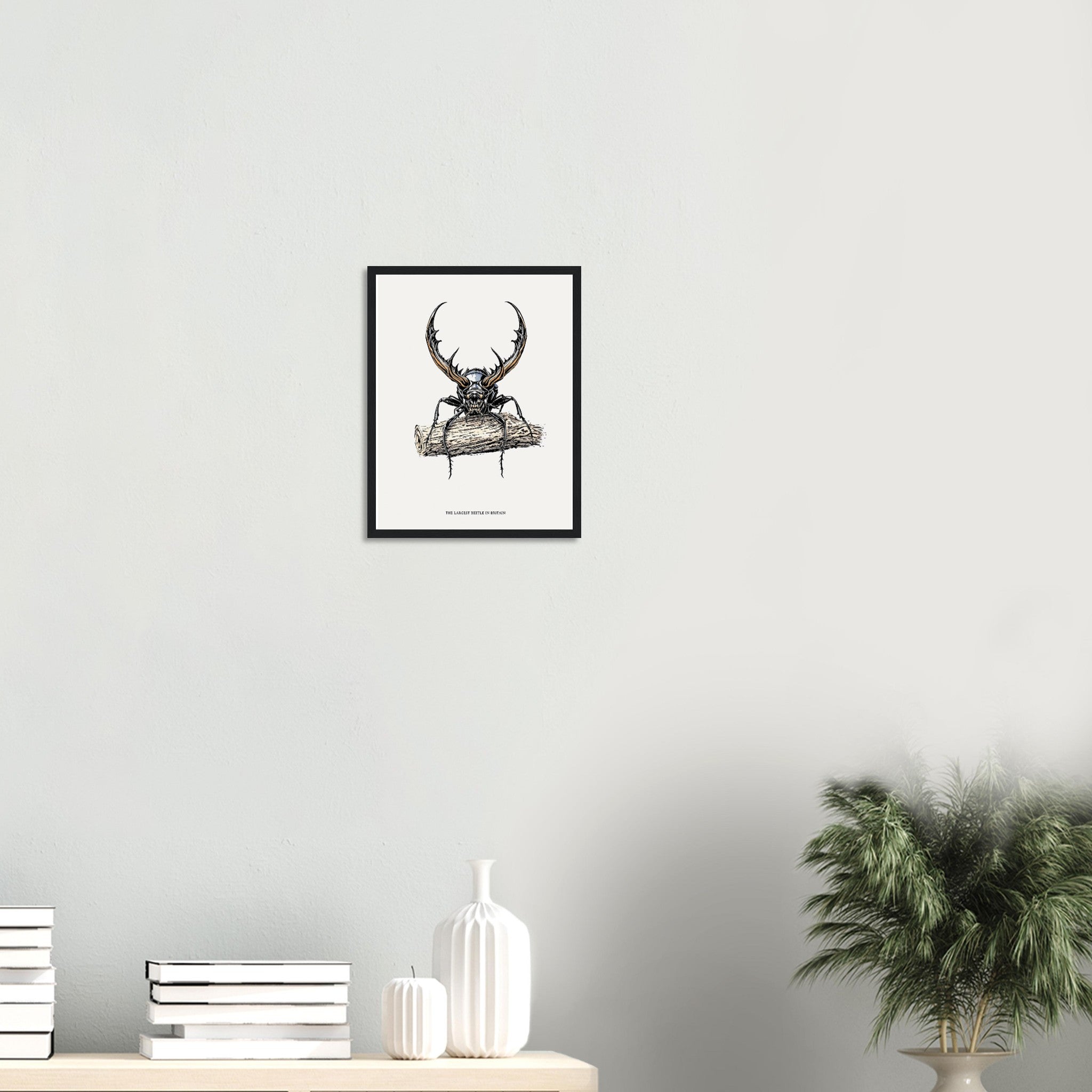 Stag Beetle Oak Log Framed Art Print — detail view | Wild Thread Co