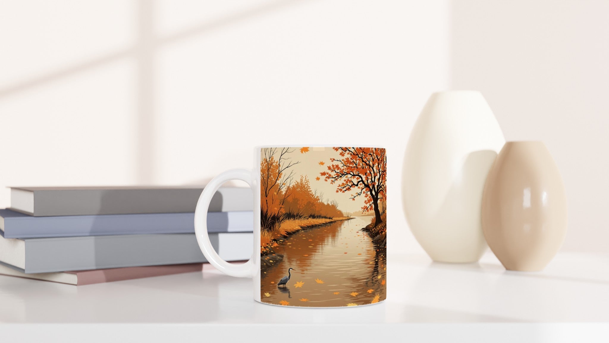 Autumn River Leaves Heron Bronze Mug Coffee Tea Ceramic 11oz — Mug | Wild Thread Co