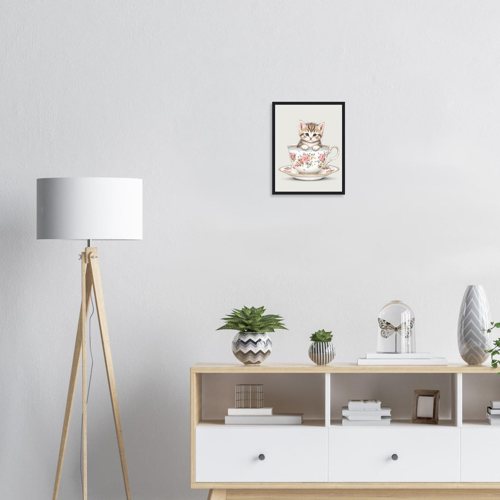 Cat And Teacup Framed Print Wall Art Ready to Hang UK — Framed Art Print | Wild Thread Co
