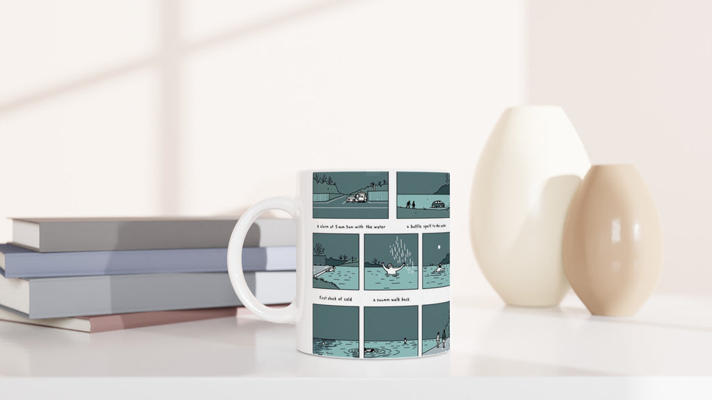 Wild Swimming Morning Ritual Comic Strip Mug Coffee Tea Ceramic 11oz UK Gift Mug — detail view | Wild Thread Co