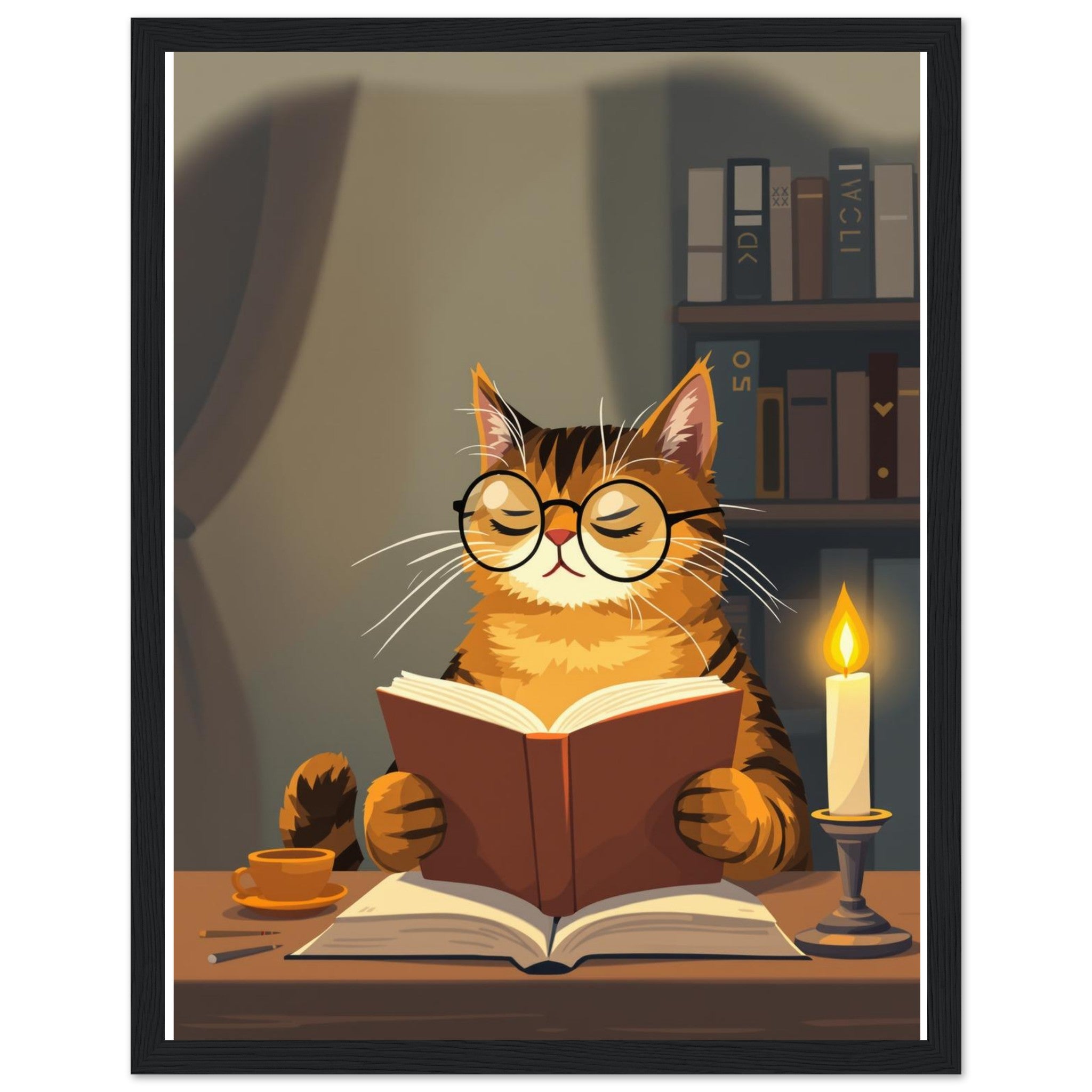 Cat Reading Book Art Framed Print Wall Art Ready to Hang UK — Framed Art Print | Wild Thread Co