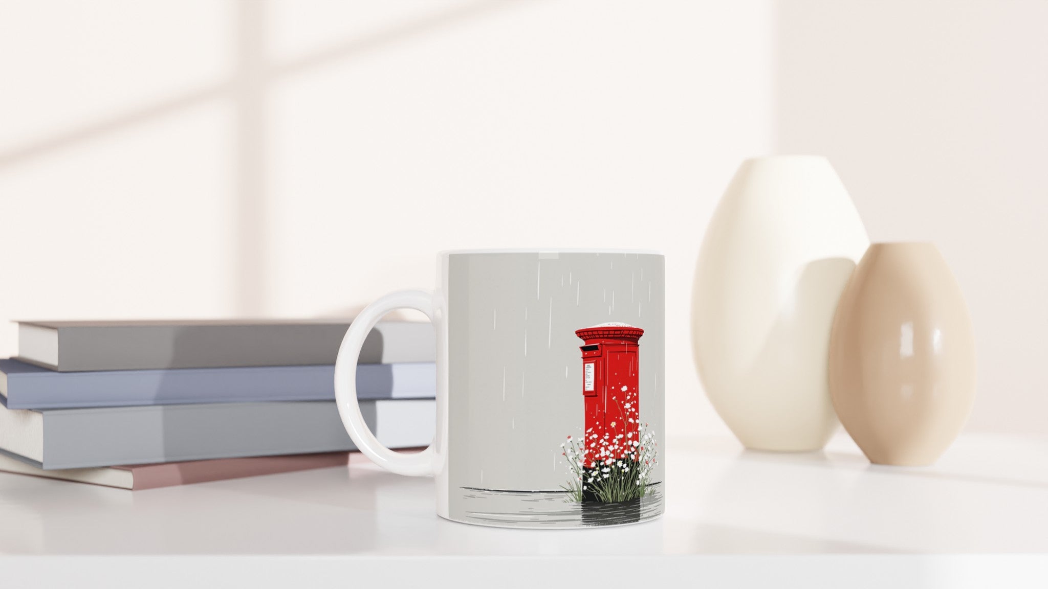 Red Postbox In The Rain Mug — detail view | Wild Thread Co