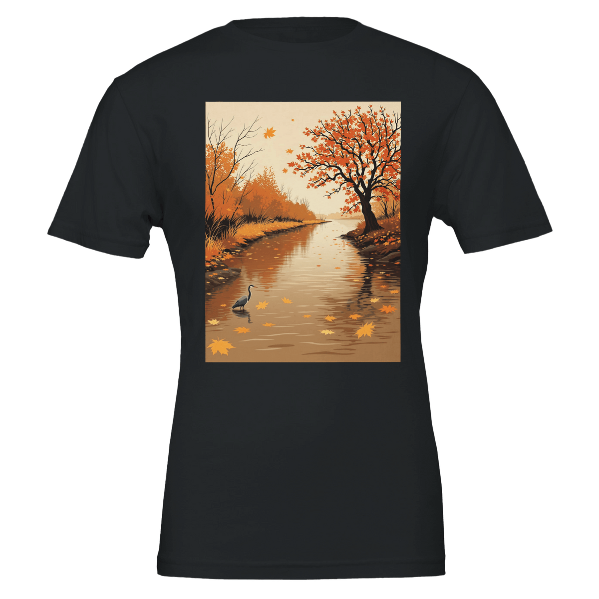 Autumn River Heron T-Shirt | British Nature Gift | Bronze Tannin - Wild Thread Co