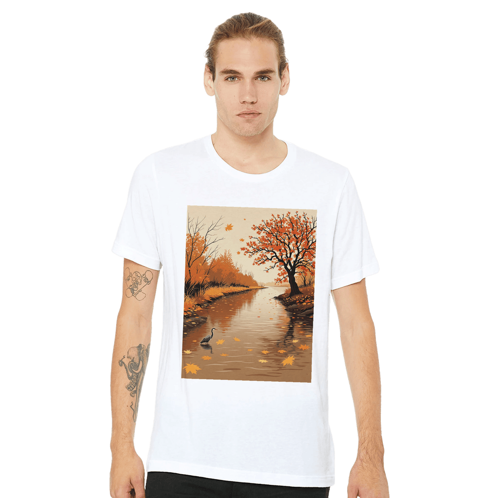 Autumn River Heron T-Shirt | British Nature Gift | Bronze Tannin - Wild Thread Co