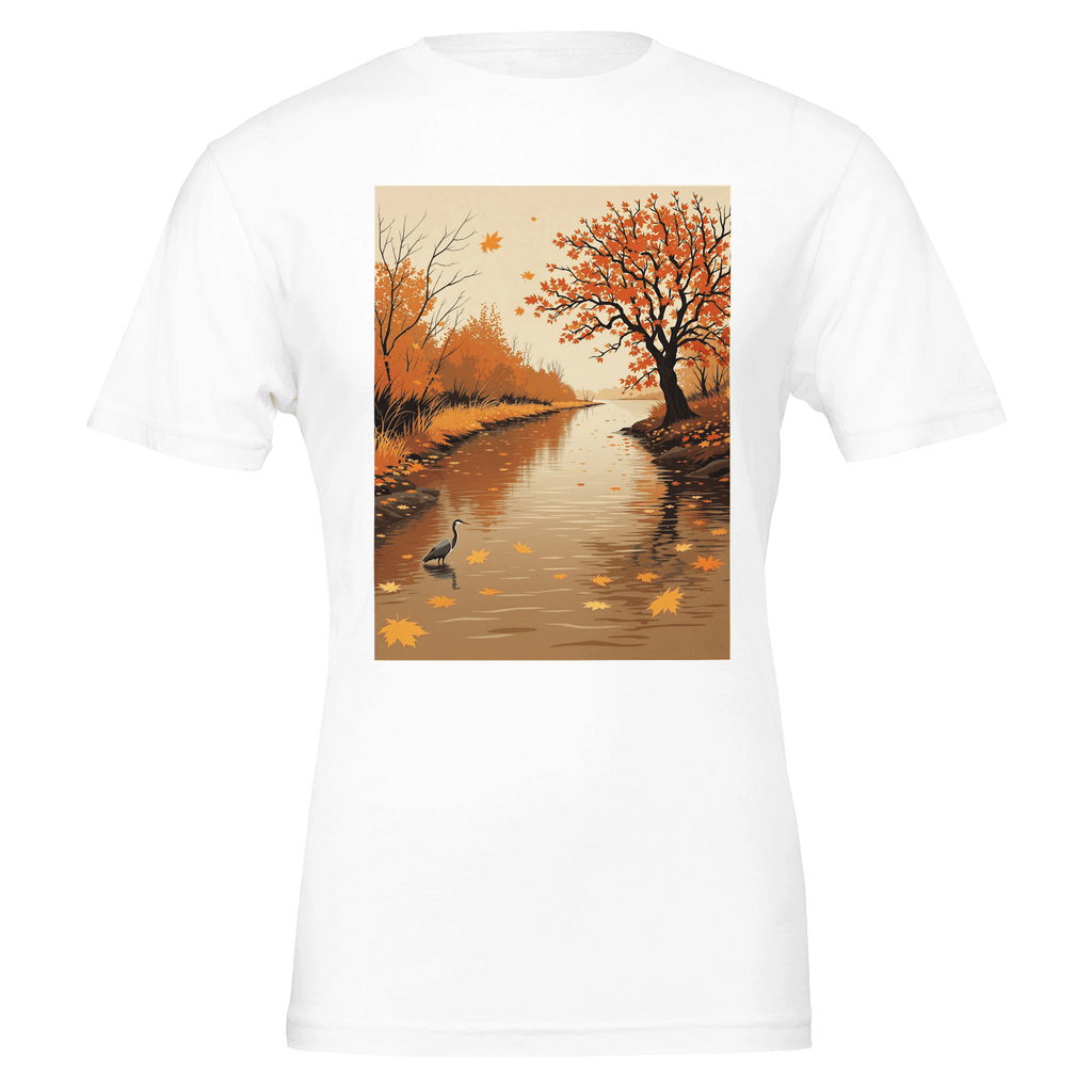 Autumn River Heron T-Shirt | British Nature Gift | Bronze Tannin - Wild Thread Co