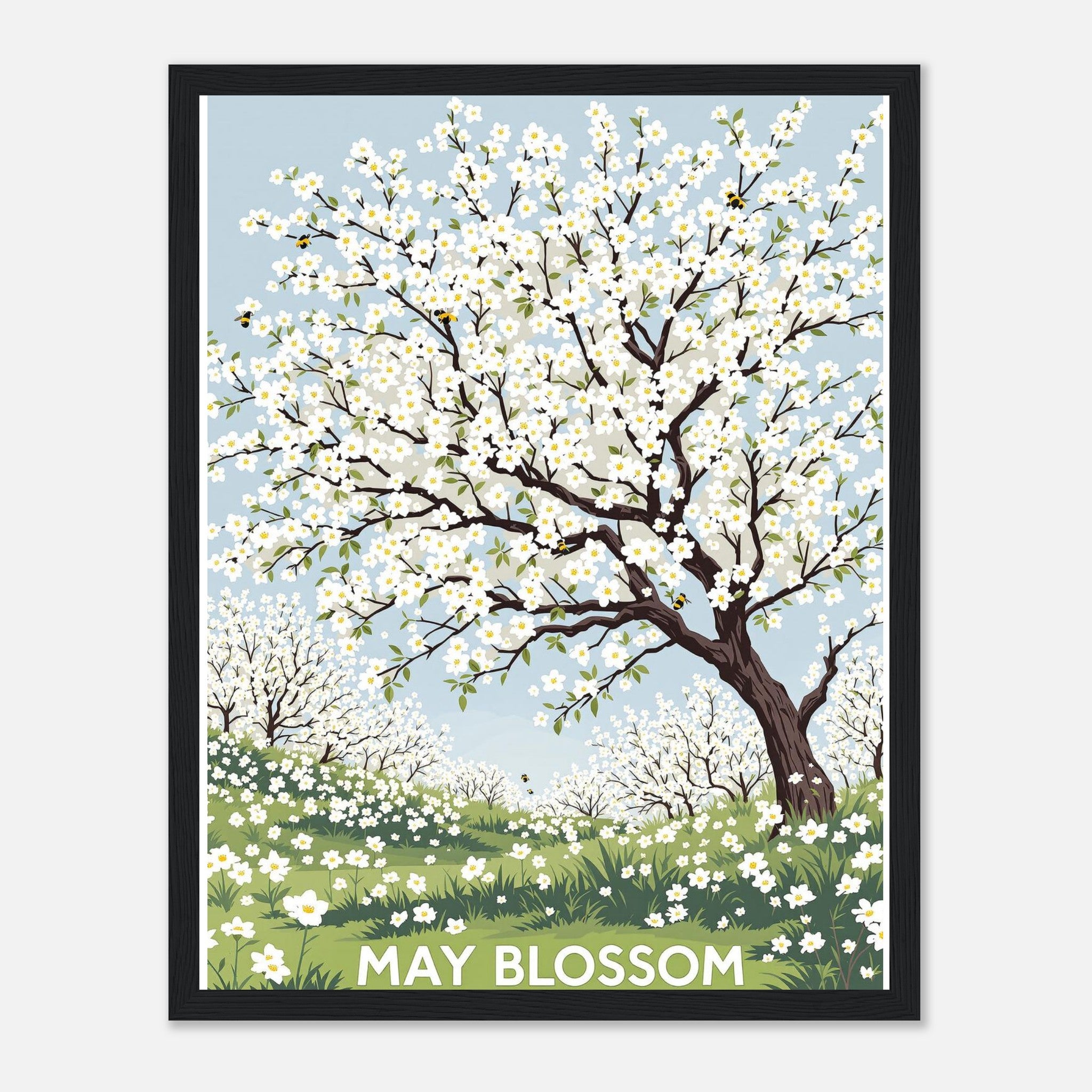 Hawthorn May Blossom Bees Framed Art Print — detail view | Wild Thread Co