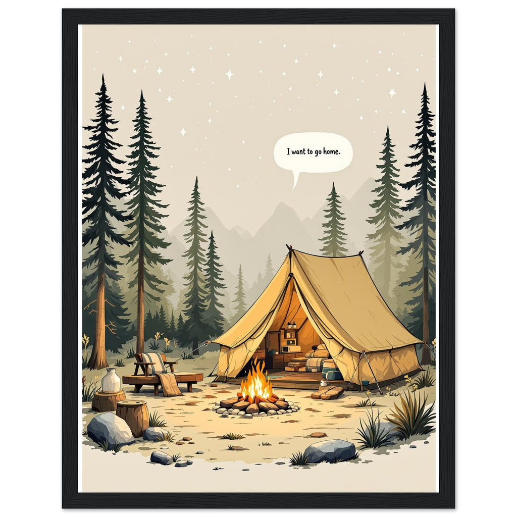 Camping Gone Wrong Humour Framed Print Wall Art Ready to Hang UK Framed Art Print — detail view | Wild Thread Co