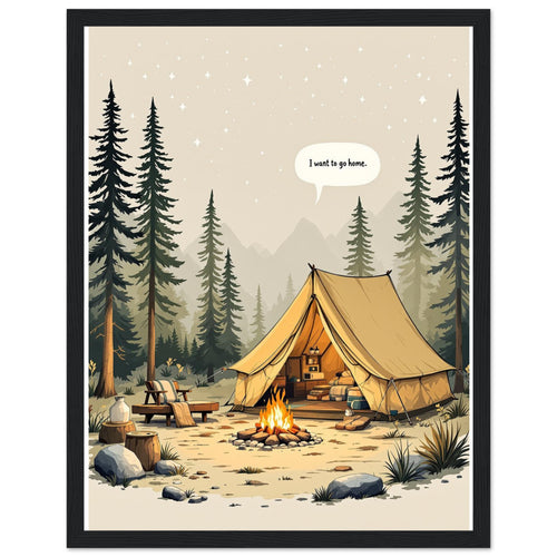 Camping Gone Wrong Humour Framed Print Wall Art Ready to Hang UK Framed Art Print — detail view | Wild Thread Co