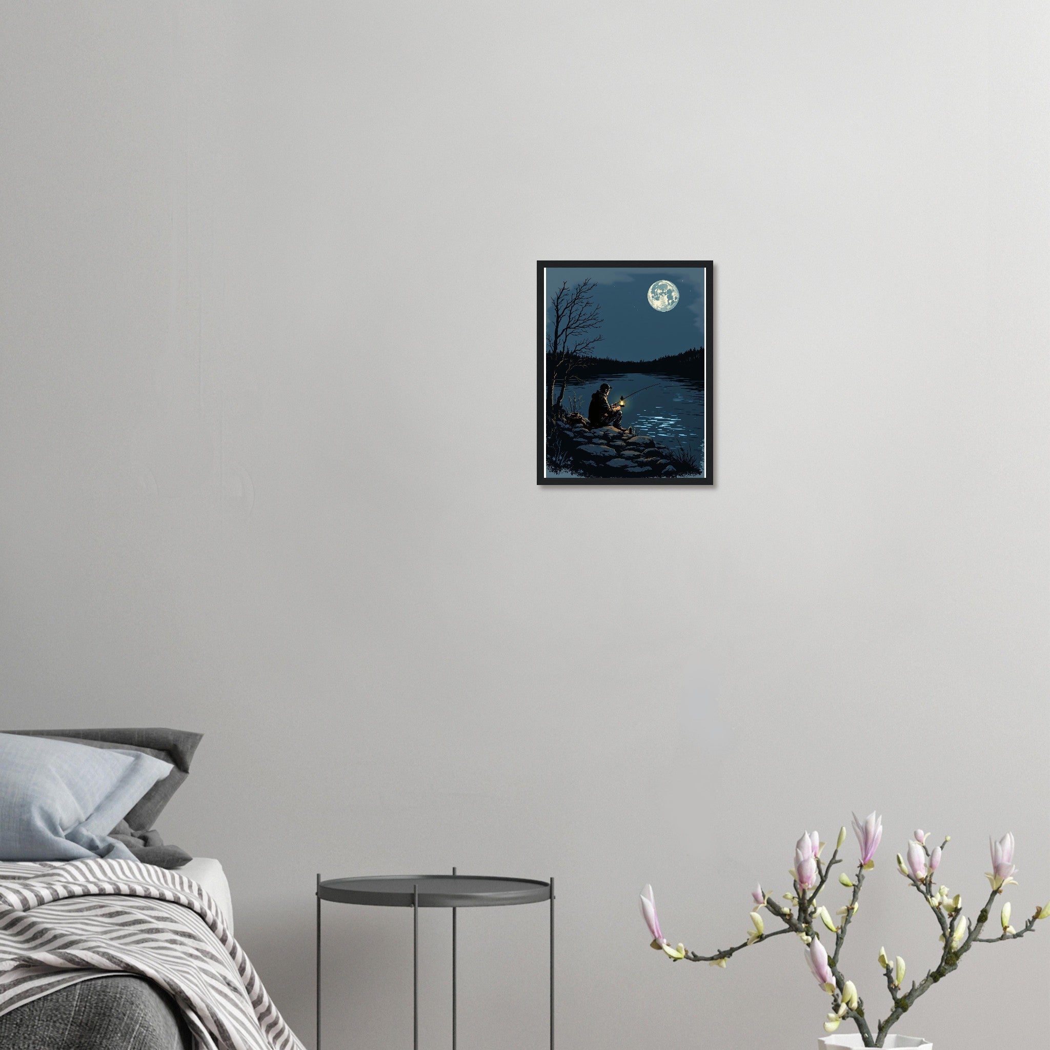 Night Fishing Lantern River Patience Framed Print Wall Art Ready to Framed Art Print — detail view | Wild Thread Co