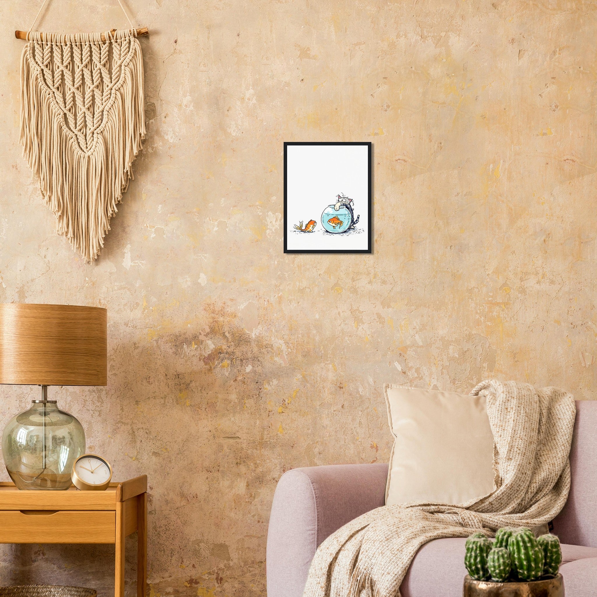 Cat And Fish Bowl Art Framed Print Wall Art Ready to Hang UK Framed Art Print — detail view | Wild Thread Co