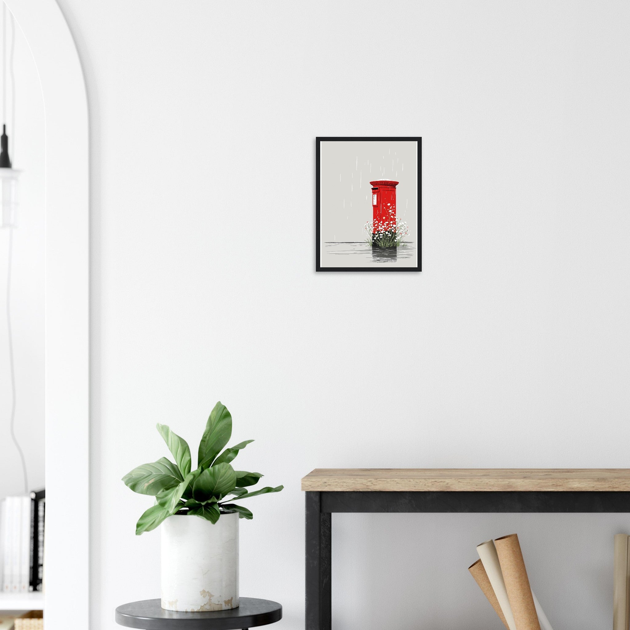 Red Postbox In The Rain Framed Print Wall Art Ready to Hang UK Framed Art Print — detail view | Wild Thread Co