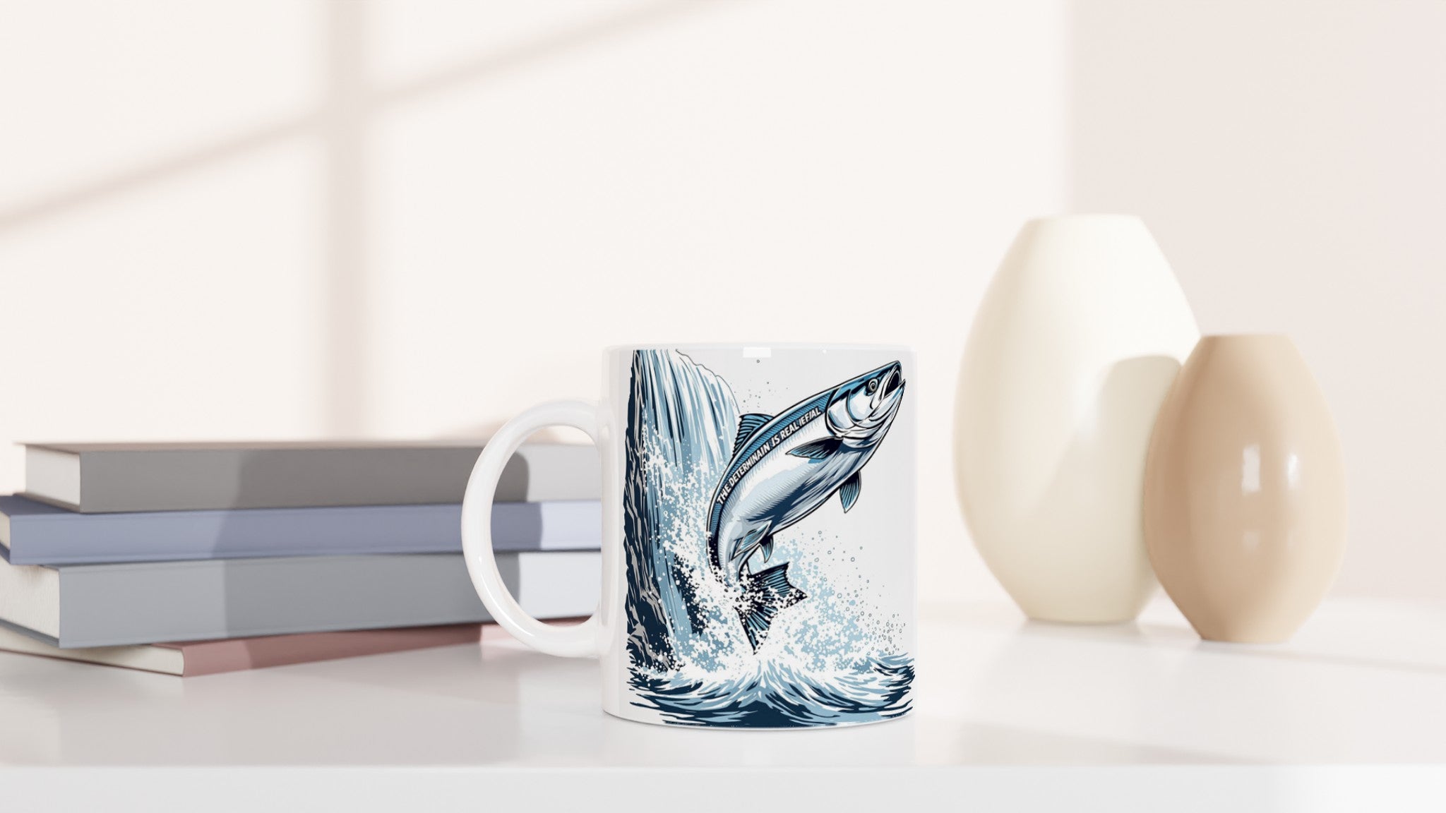 Salmon Leaping Waterfall Determination Mug — detail view | Wild Thread Co