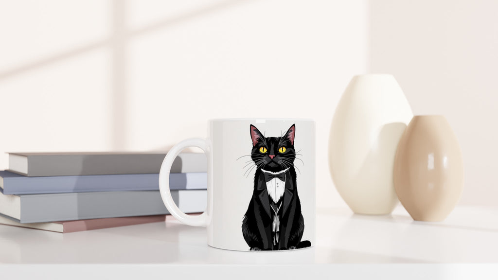 tuxedo cat gentleman Mug — detail view | Wild Thread Co