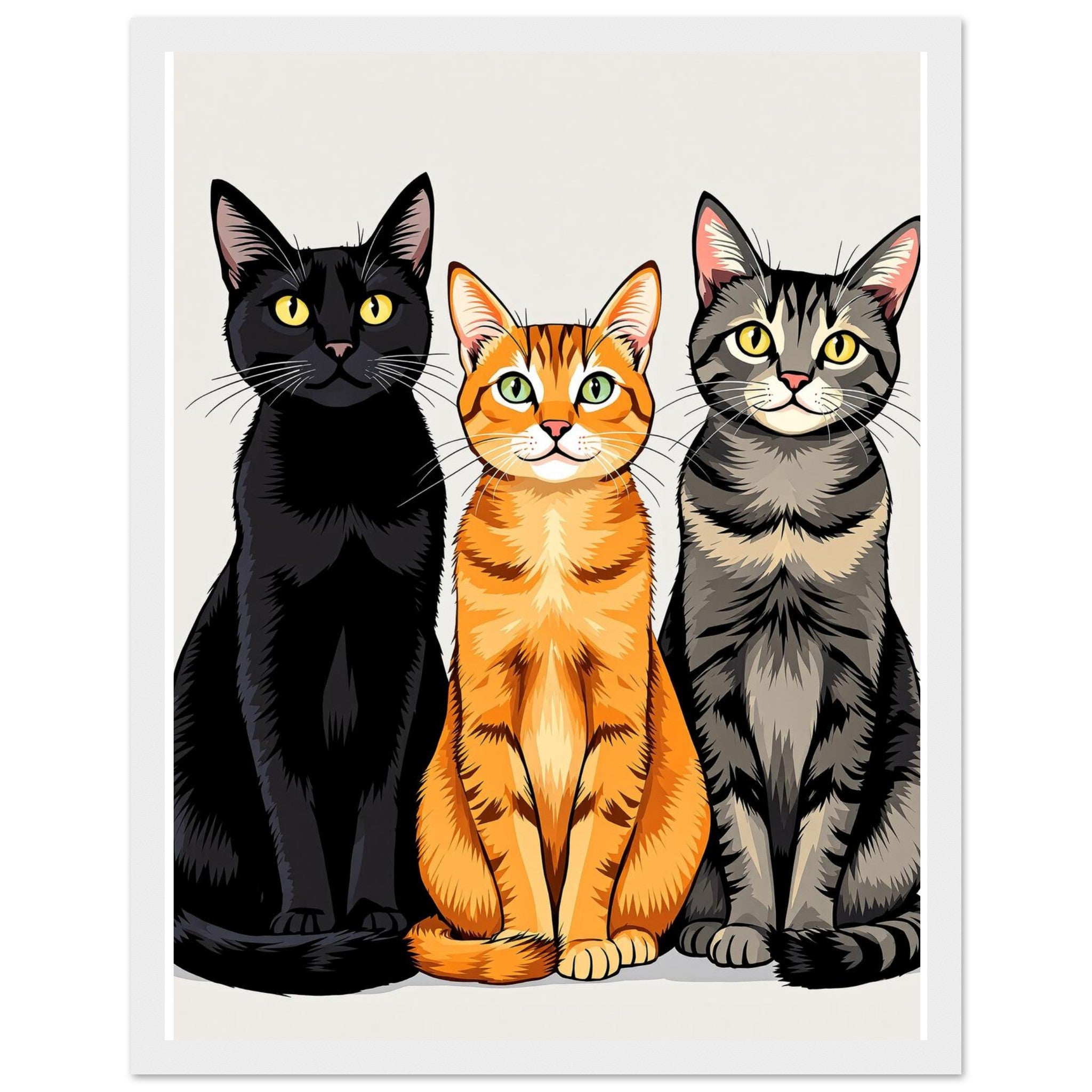Three Cats In A Row Framed Print Wall Art Ready to Hang UK Framed Art Print — detail view | Wild Thread Co