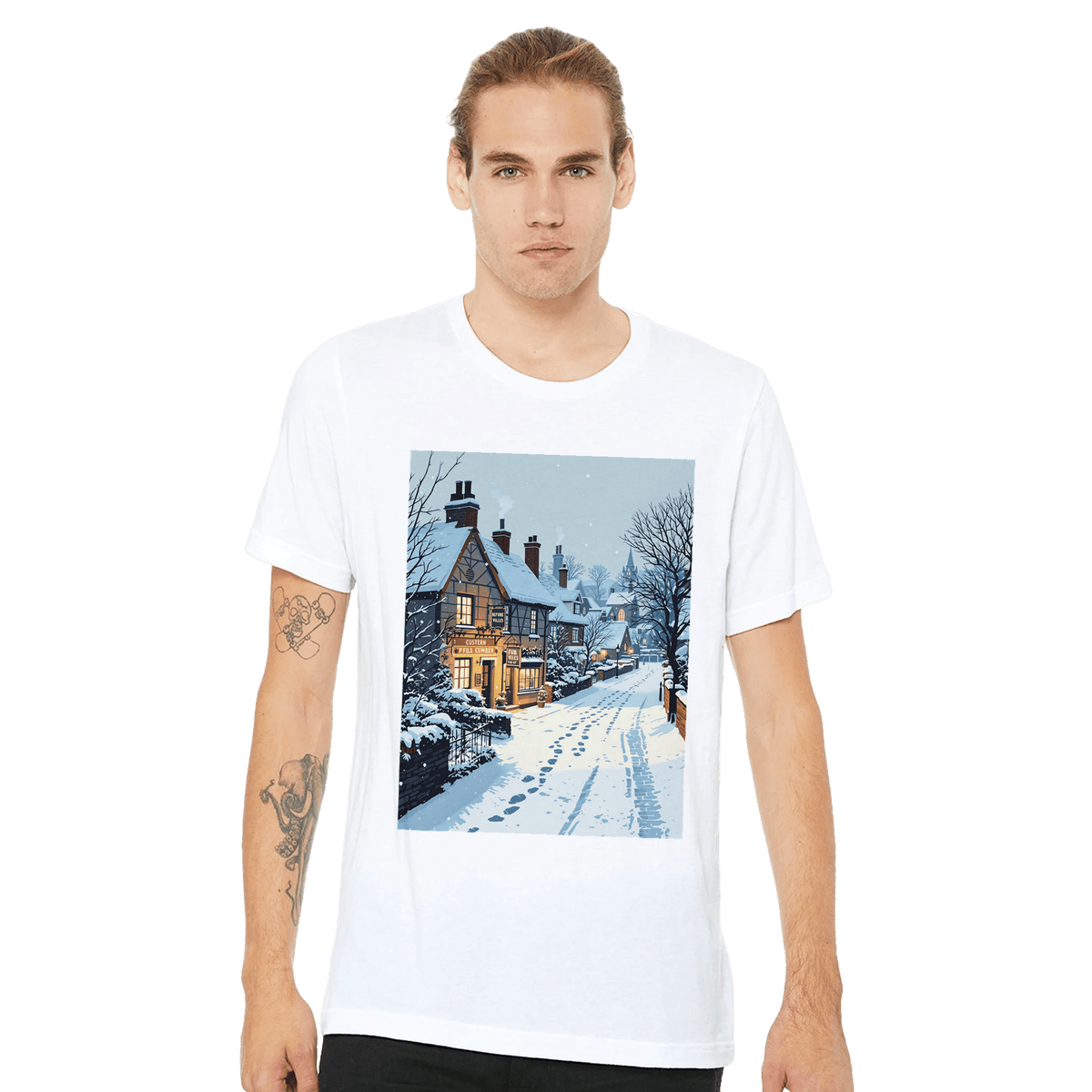 British Winter Village Pub Snowfall T-Shirt | UK Winter Gift - Wild Thread Co