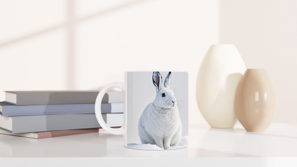 Mountain Hare White Winter Snow Mug — detail view | Wild Thread Co