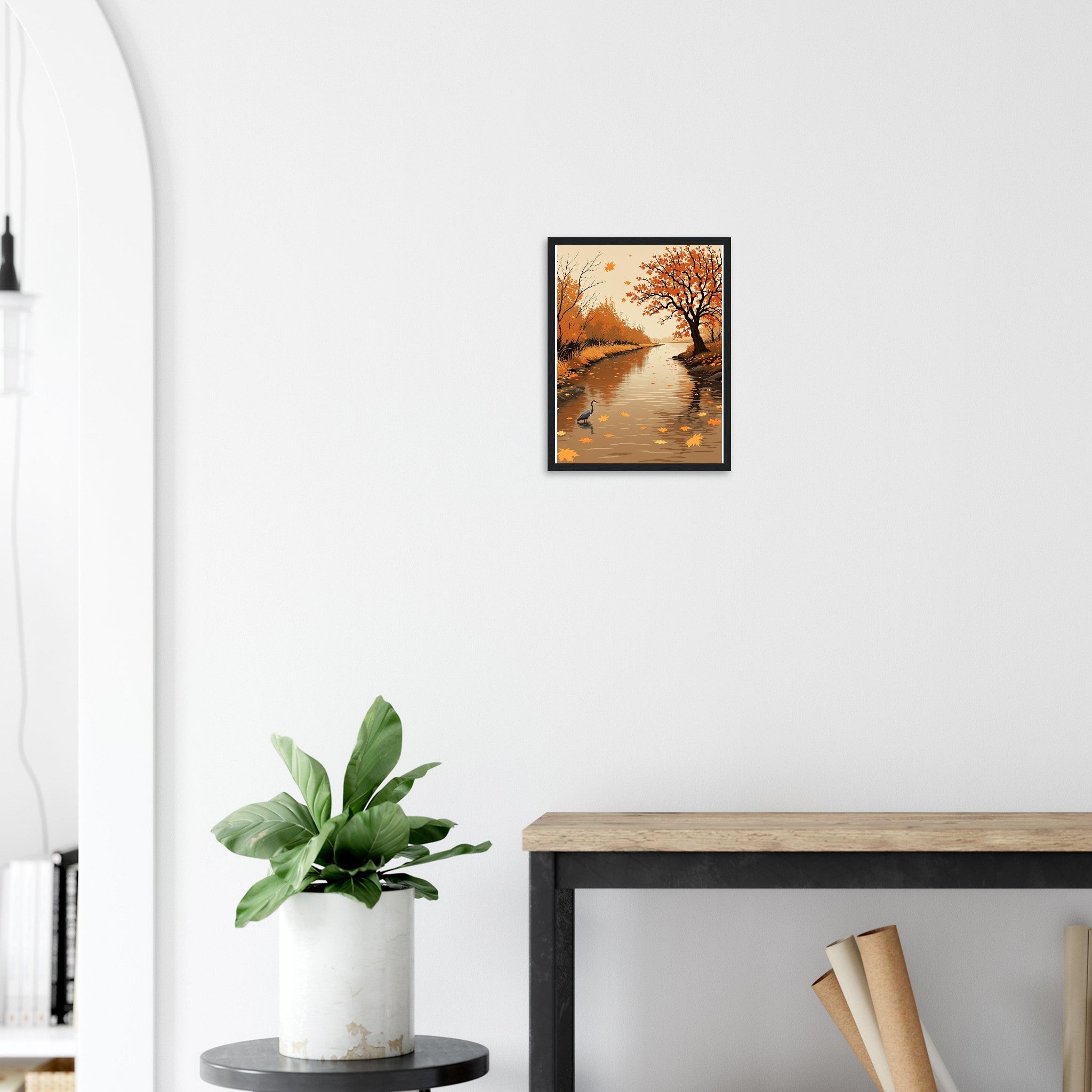 Autumn River Leaves Heron Bronze Framed Print — Framed Art Print | Wild Thread Co