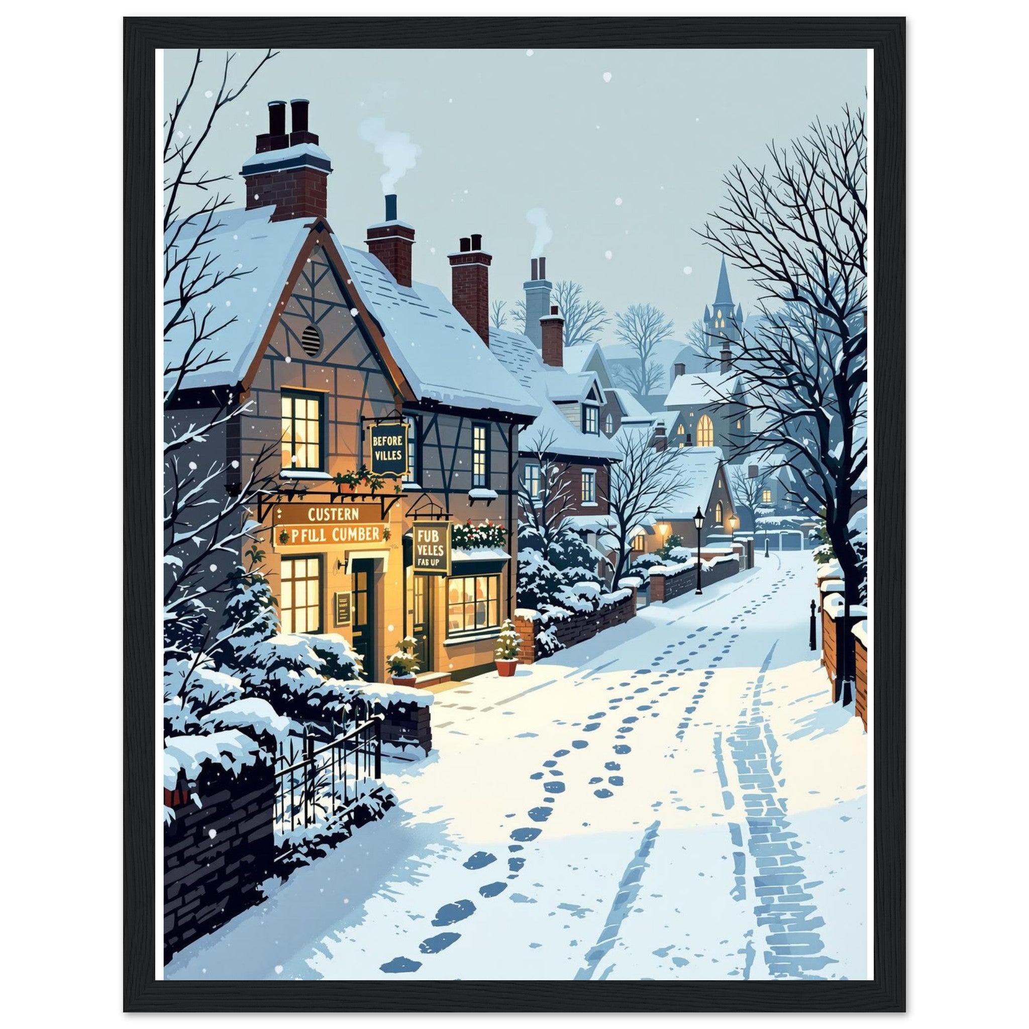 Snowfall Village Pub Light — Framed Art Print | Wild Thread Co UK