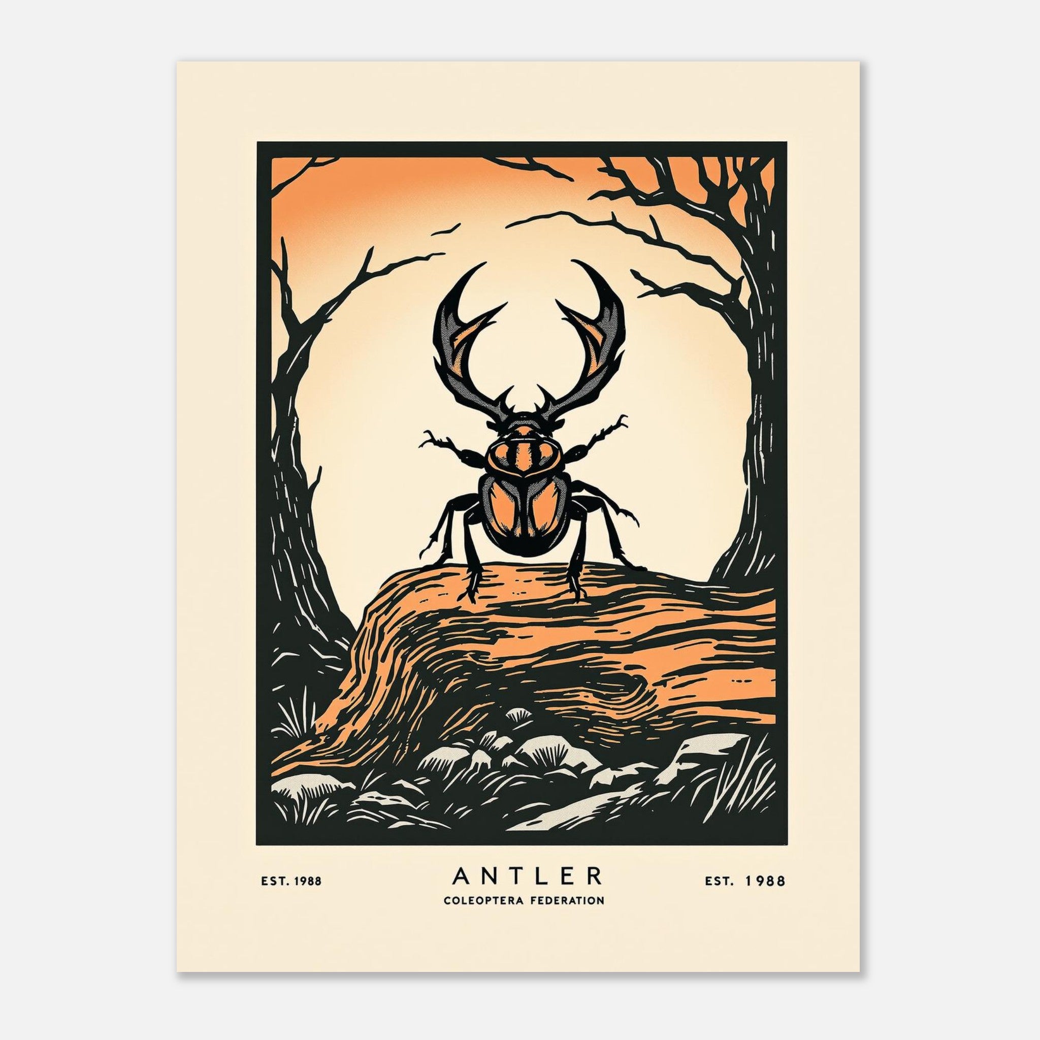 Stag Beetle Vintage Travel Poster Art Print — detail view | Wild Thread Co