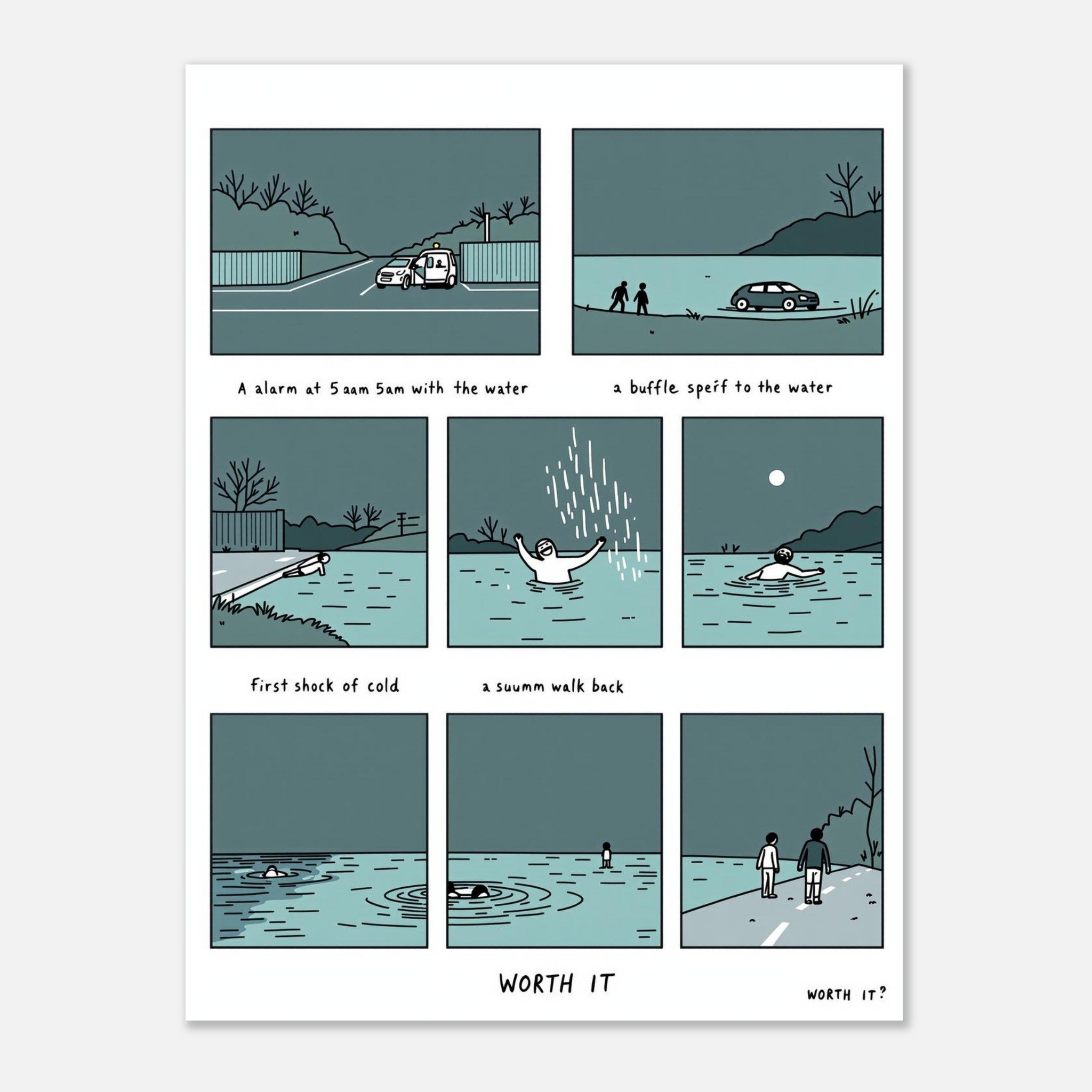 Wild Swimming Morning Ritual Comic Strip Art Print Poster Wall Art UK UK Gift Art Print — detail view | Wild Thread Co