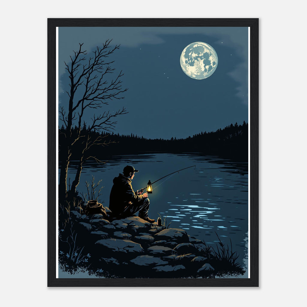 Night Fishing Lantern River Patience Framed Print Wall Art Ready to Framed Art Print — detail view | Wild Thread Co