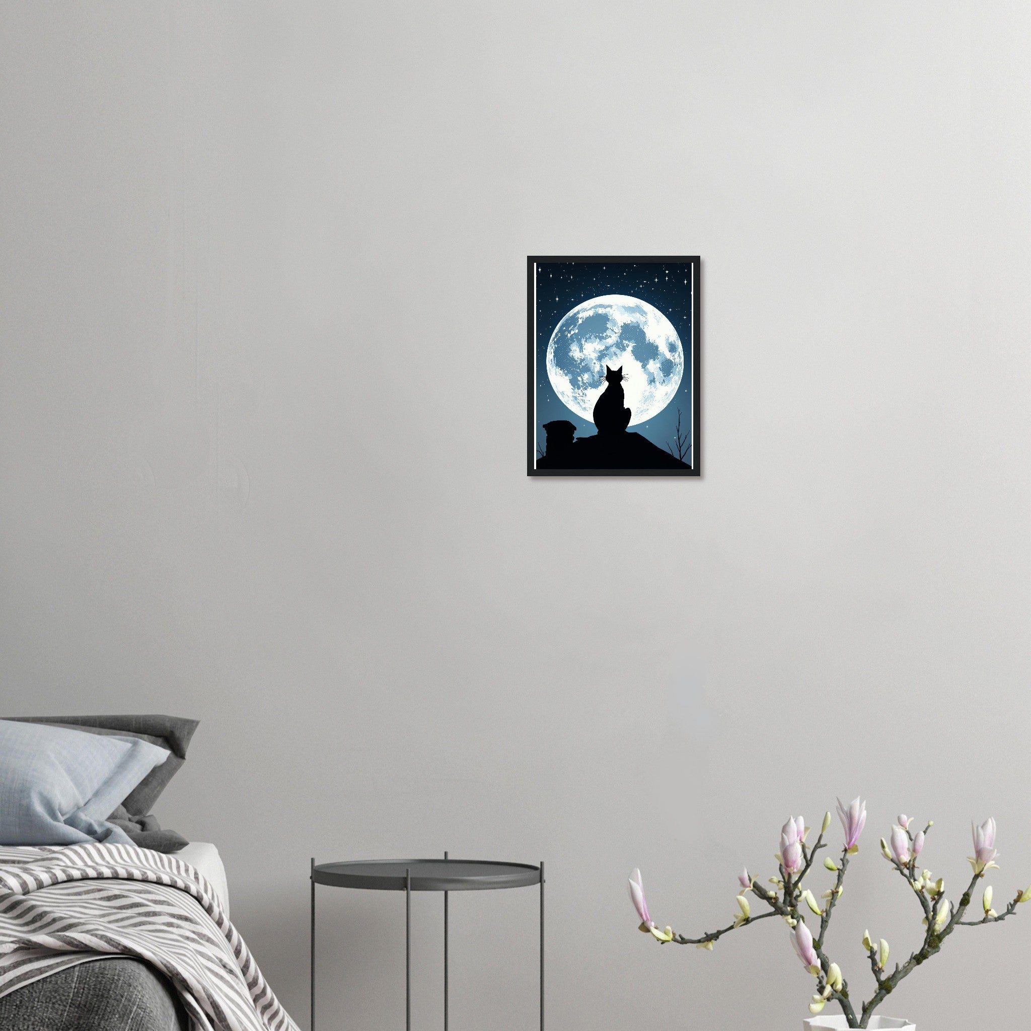 Black Cat Moonlight Wall Art Ready to Hang UK Framed Print Han Framed Art Print — detail view | Wild Thread Co