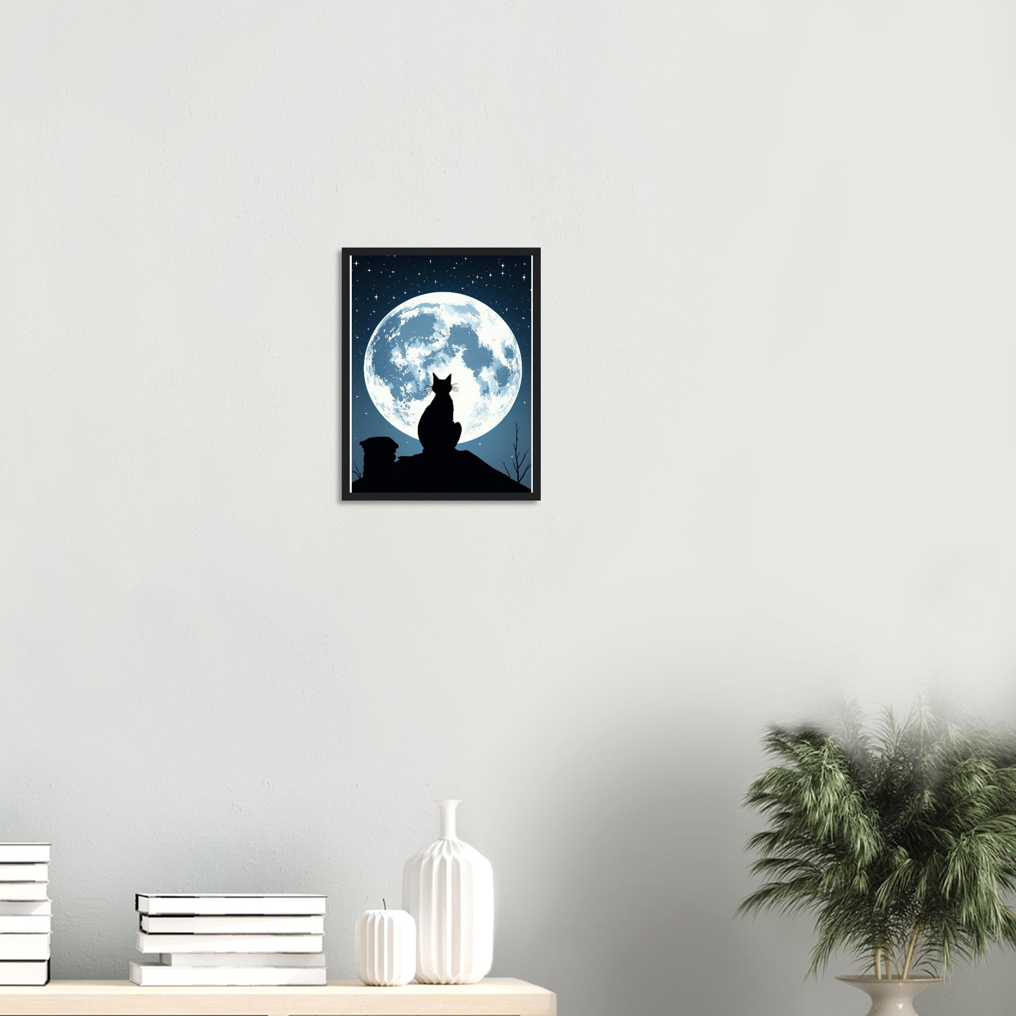Black Cat Moonlight Wall Art Ready to Hang UK Framed Print Han Framed Art Print — detail view | Wild Thread Co