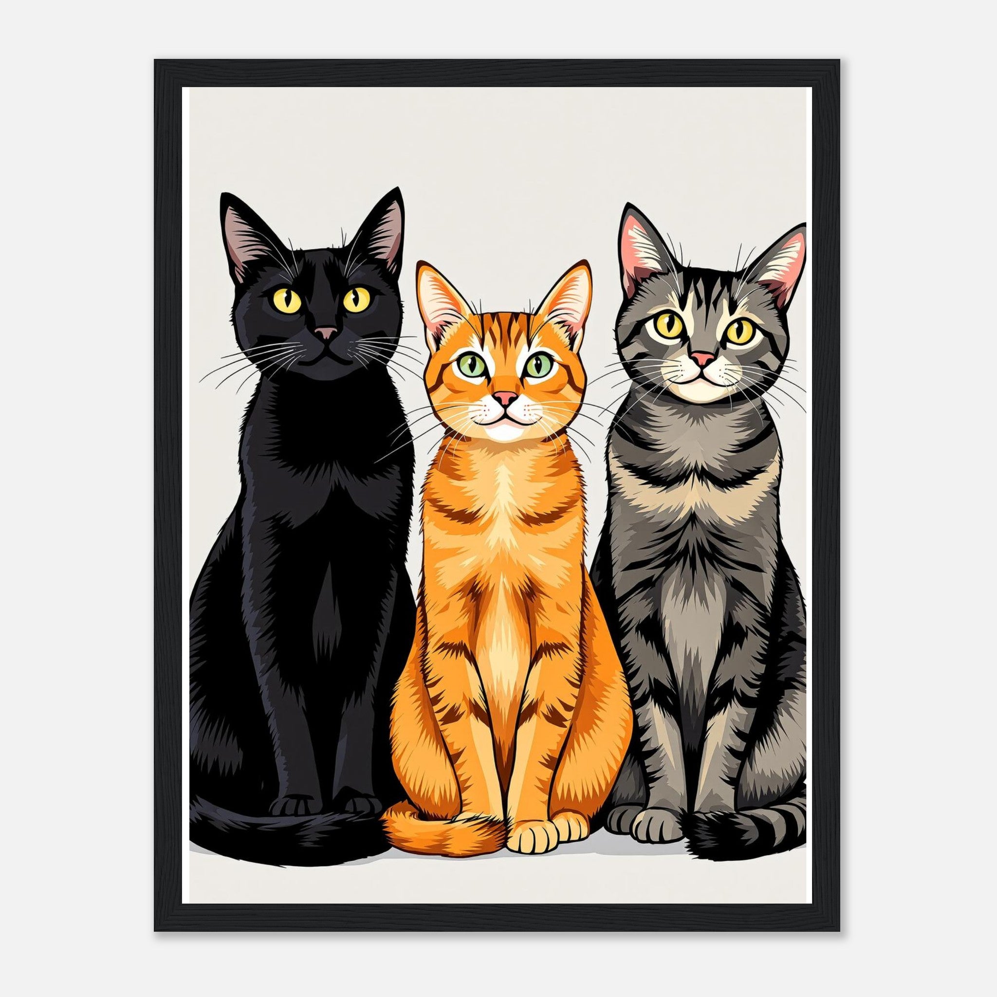 Three Cats In A Row Wall Art Ready to Hang UK Framed Print Han Framed Art Print — detail view | Wild Thread Co