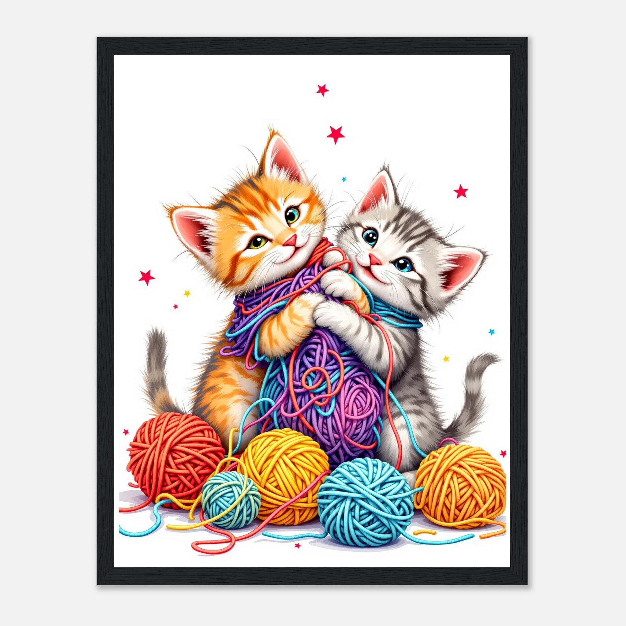 Cats Playing Yarn Wall Art Ready to Hang UK Framed Print Hang Framed Art Print — detail view | Wild Thread Co